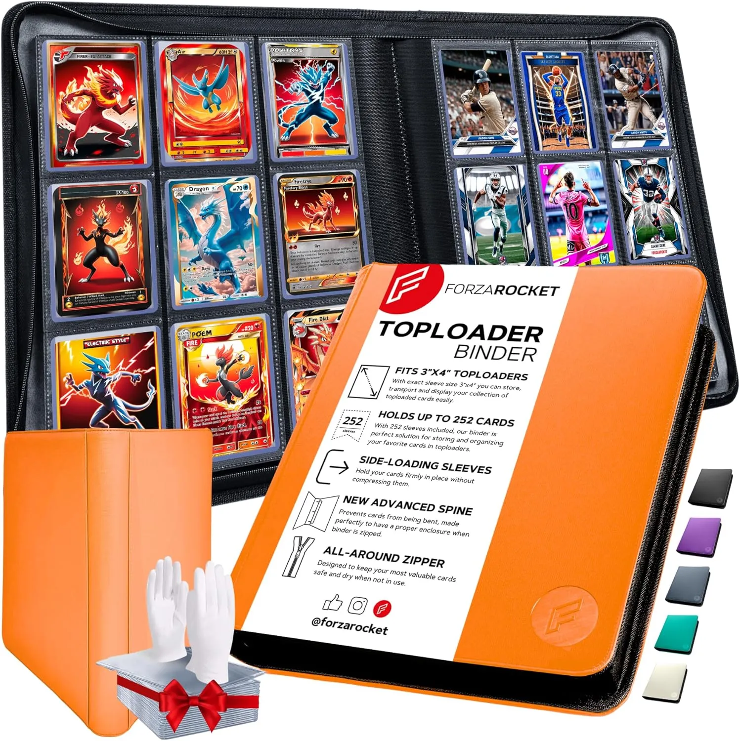 FORZAROCKET Toploader Binder, Holds 252 Cards in Toploaders, 8 Included, Waterproof PU Leather, Ringless Double-Sided Pages, Archival Safe Pockets, Pleasurable Inner Lining (9 Pocket, Orange)
