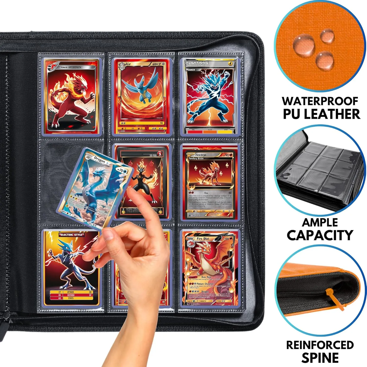 FORZAROCKET Toploader Binder, Holds 252 Cards in Toploaders, 8 Included, Waterproof PU Leather, Ringless Double-Sided Pages, Archival Safe Pockets, Pleasurable Inner Lining (9 Pocket, Orange)