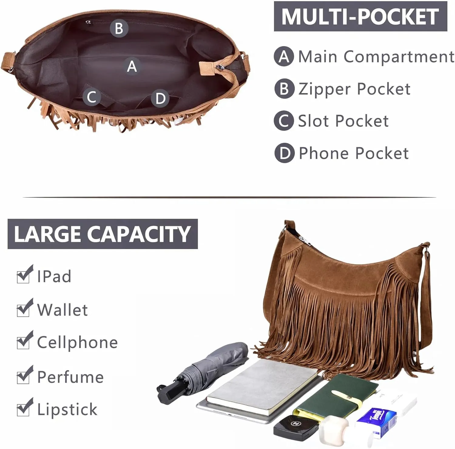 Fringe Hobo Bags for Women Vintage Suede Crossbody Bag Hippie Western Cowgirl Purses Tassel Shoulder Bag