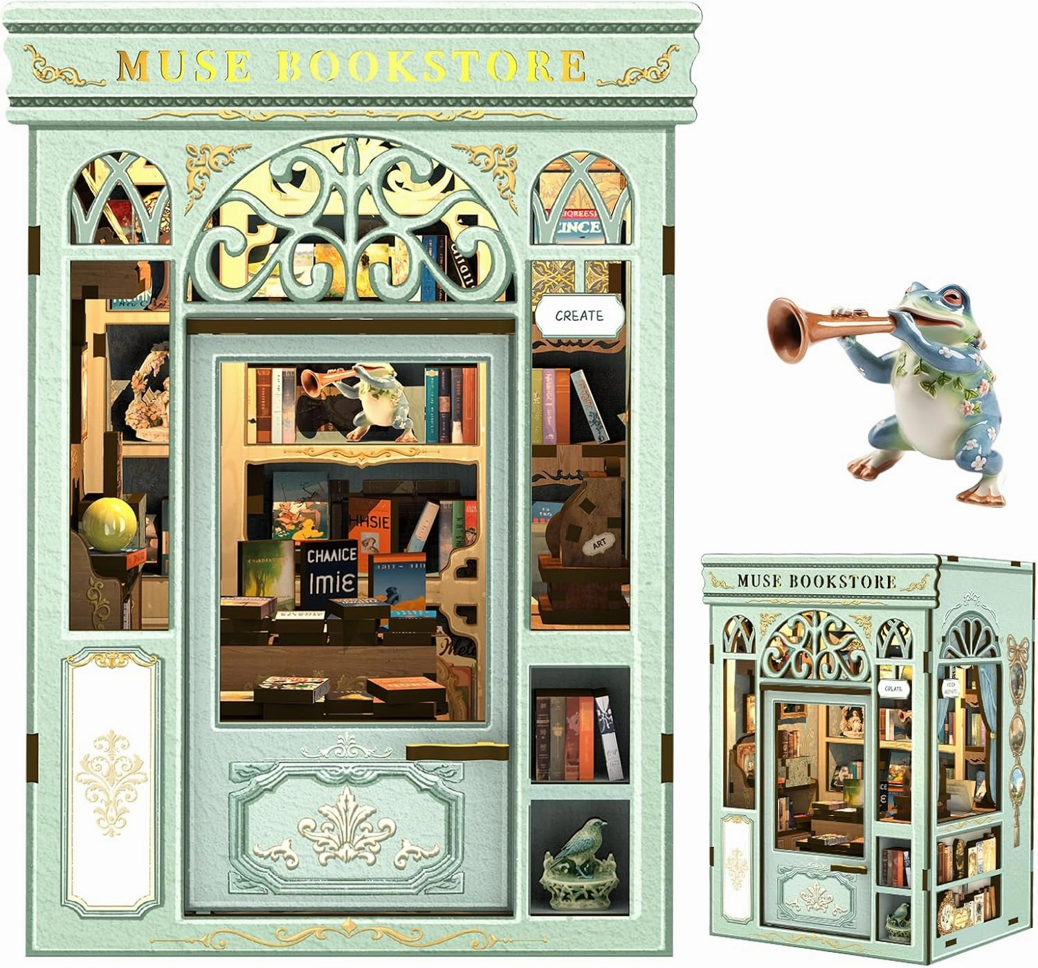 Fsolis Book Nook Kit - DIY Miniature Dollhouse Kit 3D Puzzles for Adults Tiny House Mini Home Frog Booknook Bookshelf Decor Gifts for Women Teenagers Craft Lovers (Muse Bookstore)