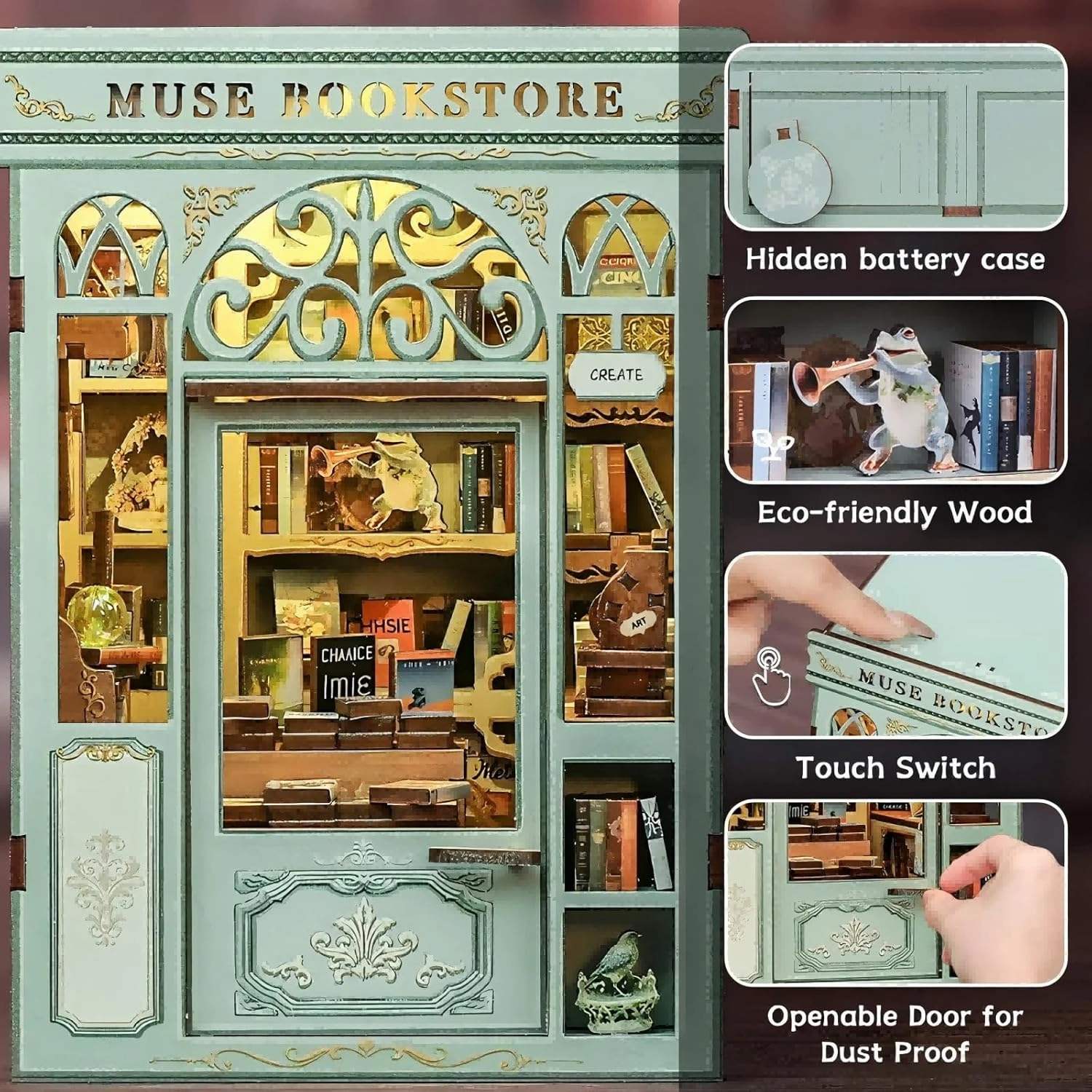 Fsolis Book Nook Kit - DIY Miniature Dollhouse Kit 3D Puzzles for Adults Tiny House Mini Home Frog Booknook Bookshelf Decor Gifts for Women Teenagers Craft Lovers (Muse Bookstore)