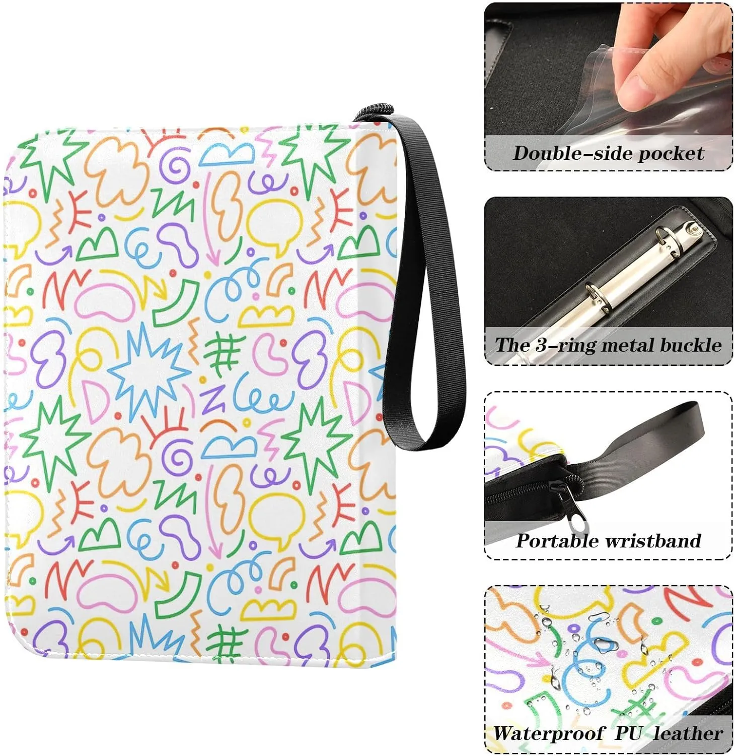 Fun Colorful Line Doodle Card Binder 4 Pocket Card Folder Fits 400 Cards Side Loading Card Binder