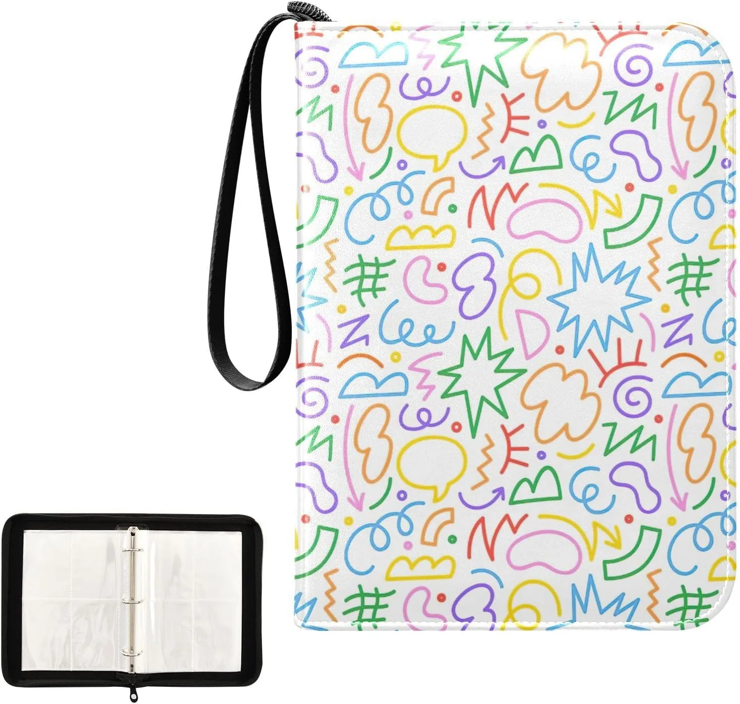 Fun Colorful Line Doodle Card Binder 4 Pocket Card Folder Fits 400 Cards Side Loading Card Binder
