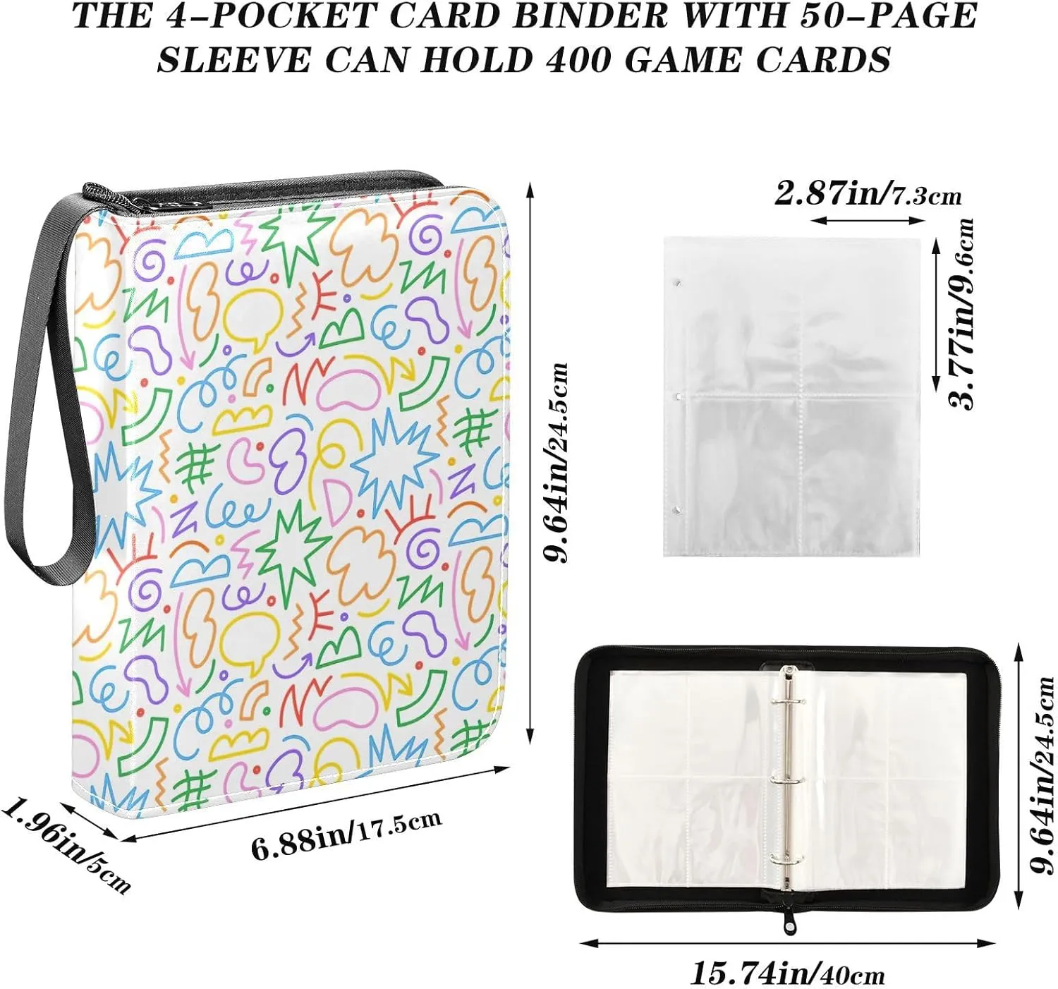 Fun Colorful Line Doodle Card Binder 4 Pocket Card Folder Fits 400 Cards Side Loading Card Binder