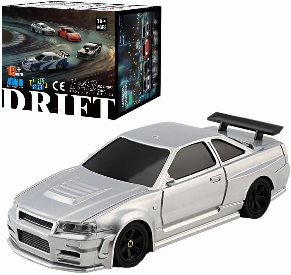 FunXylophy RC Sport Racing Drift Car, 1/43 Scale 2.4G 15KM/H Full Proportional RC Electric Mini Racing Drift Car Model with Lights Kit and Drift Tires (Silver)
