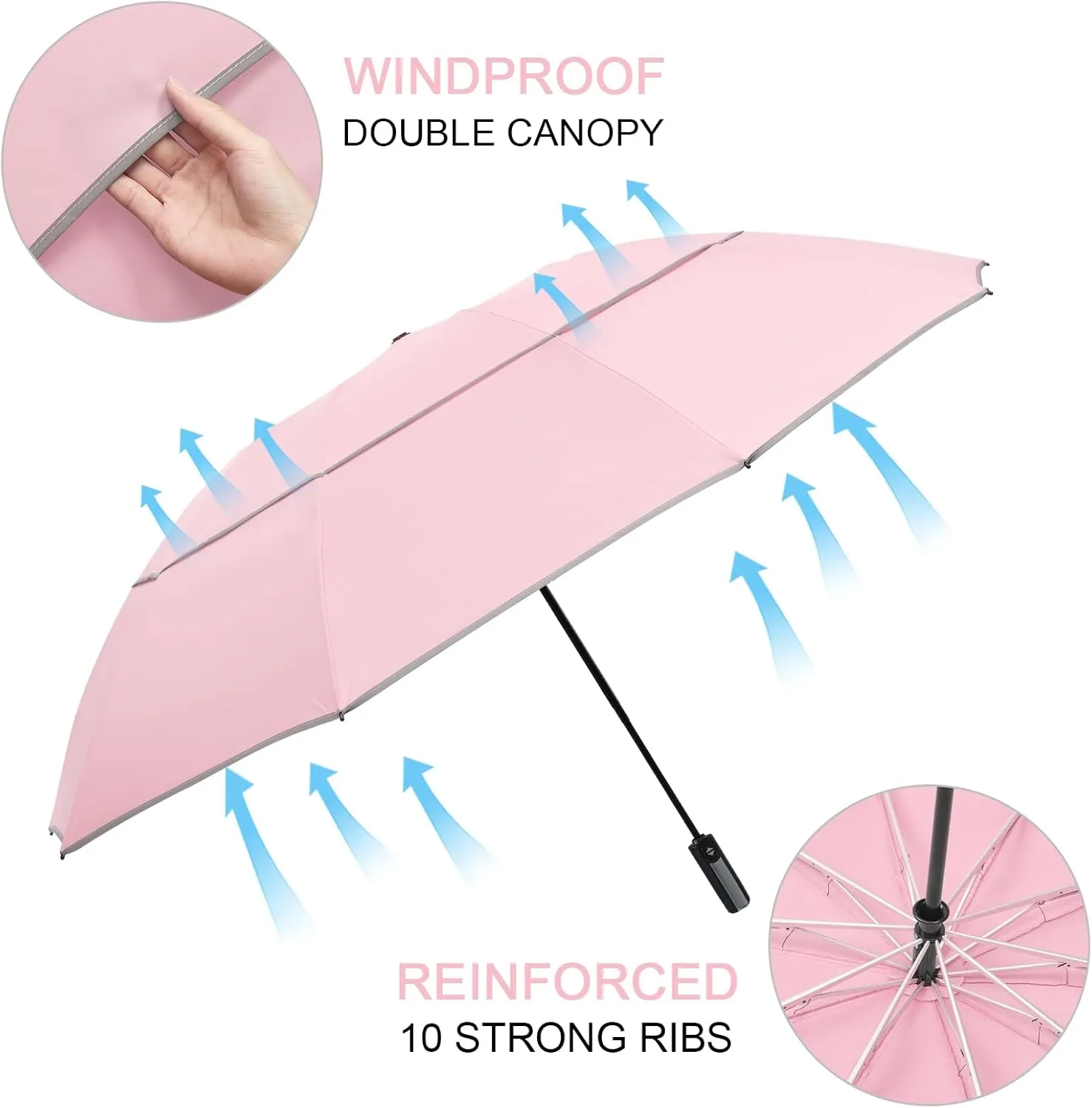 G4Free 54/62 Inch Windproof Inverted Umbrella with Reflective Stripe Large Compact Reverse Golf Umbrella for Rain 10 Ribs Double Canopy Travel Umbrella Automatic Open Close