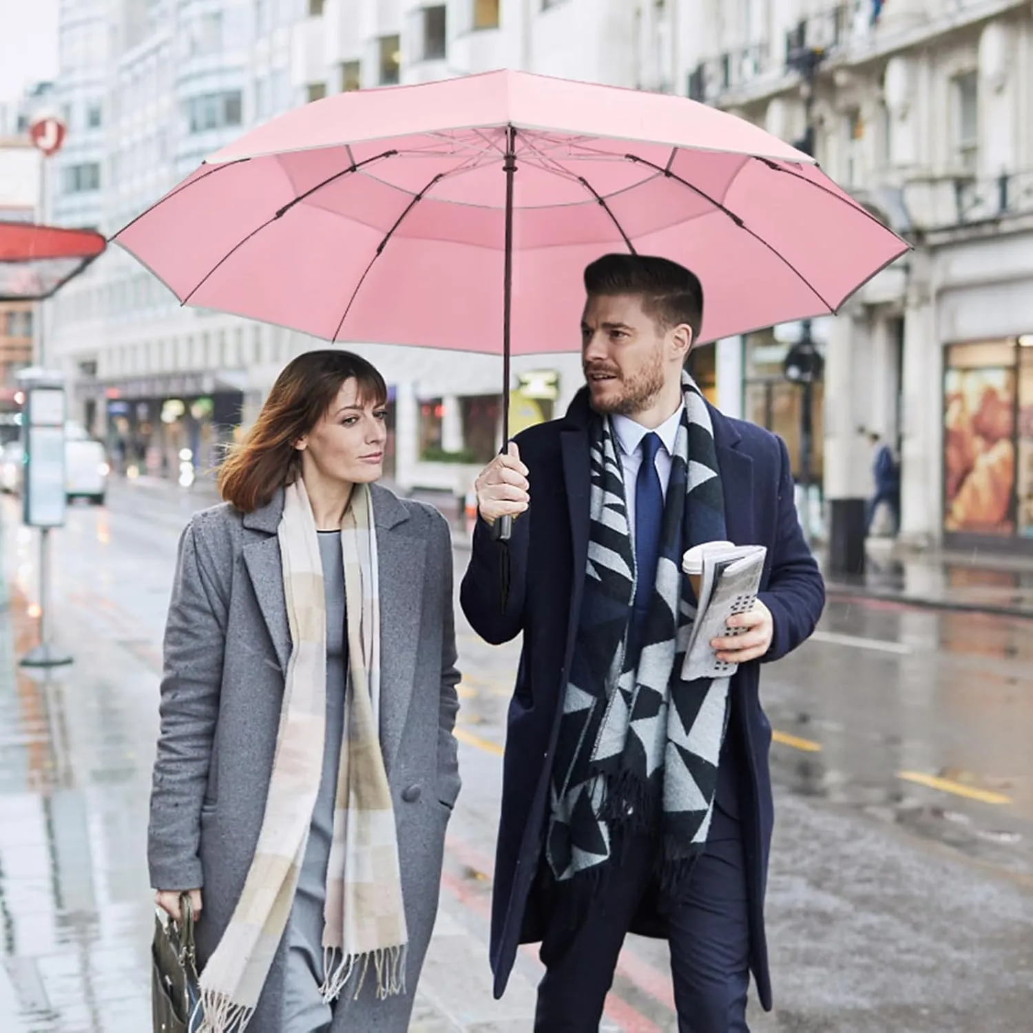 G4Free 54/62 Inch Windproof Inverted Umbrella with Reflective Stripe Large Compact Reverse Golf Umbrella for Rain 10 Ribs Double Canopy Travel Umbrella Automatic Open Close