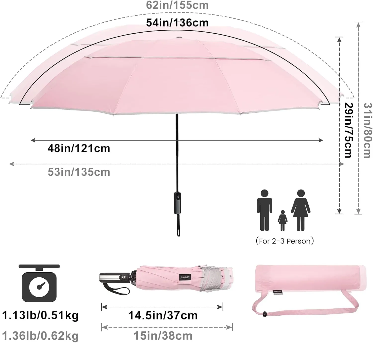 G4Free 54/62 Inch Windproof Inverted Umbrella with Reflective Stripe Large Compact Reverse Golf Umbrella for Rain 10 Ribs Double Canopy Travel Umbrella Automatic Open Close