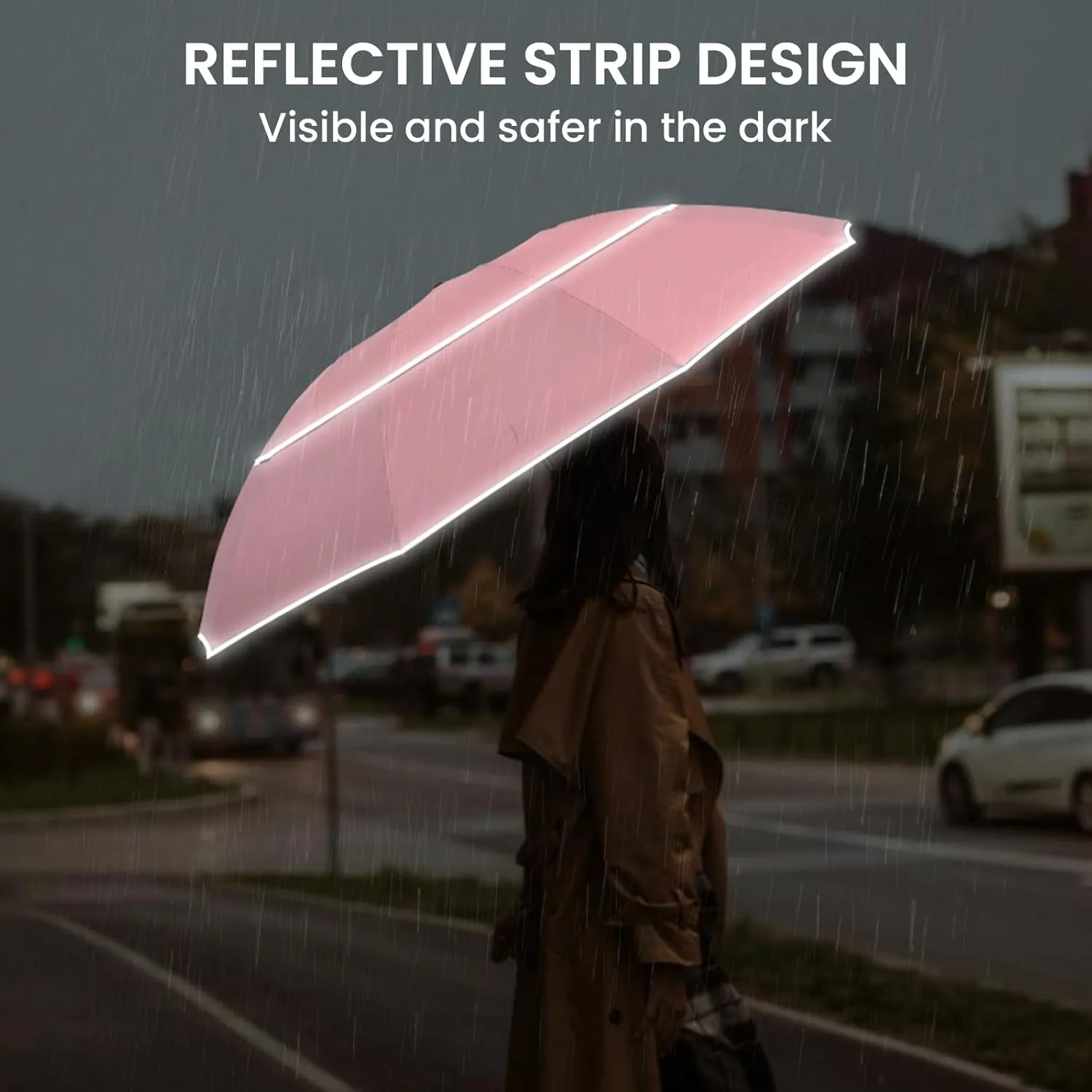 G4Free 54/62 Inch Windproof Inverted Umbrella with Reflective Stripe Large Compact Reverse Golf Umbrella for Rain 10 Ribs Double Canopy Travel Umbrella Automatic Open Close