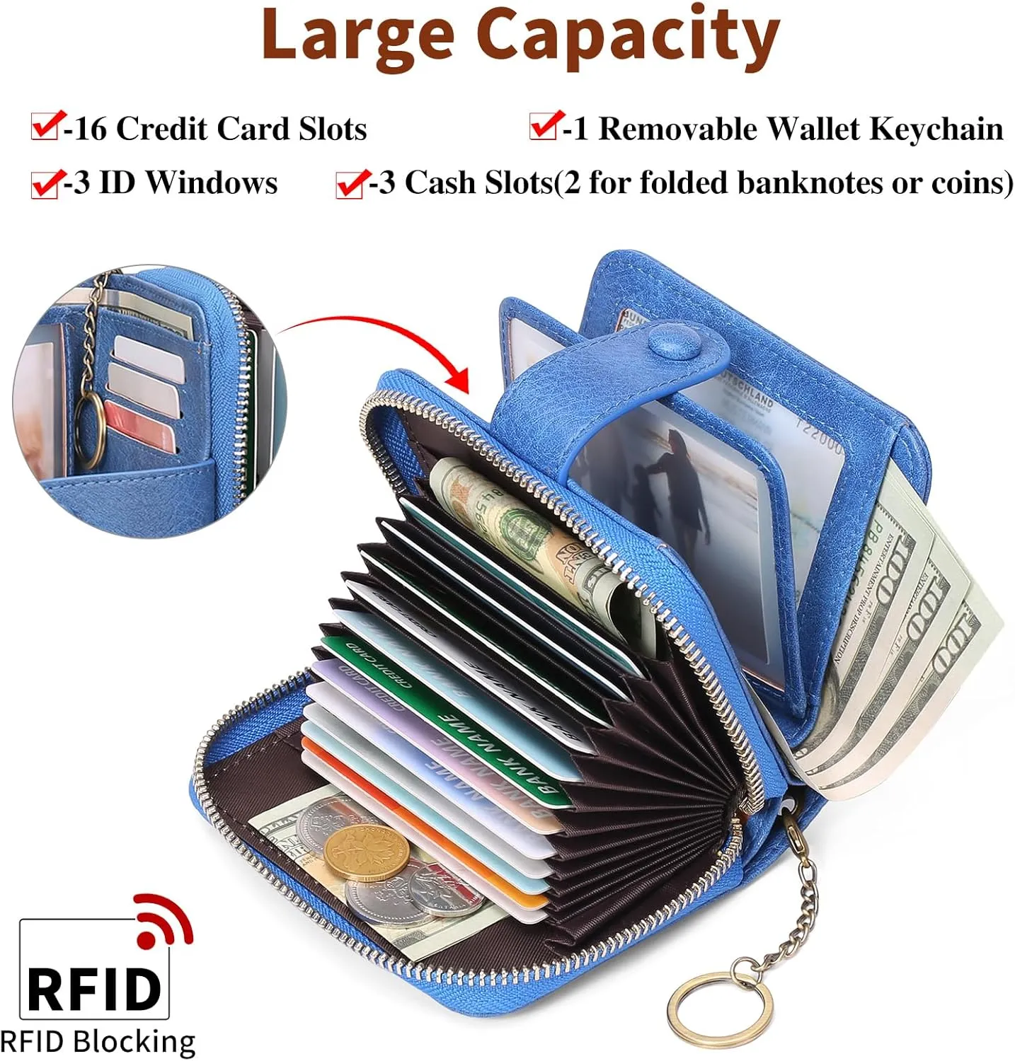 GAEKEAO Leather Credit Card Holder Wallet for Women RFID Blocking Large Capacity Bifold Zipper Card Case Organizer with Wristlet 32 Slots
