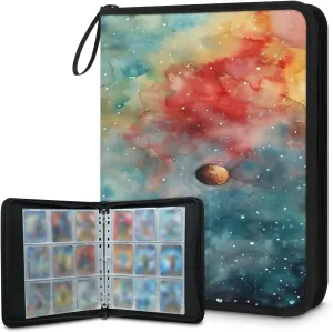 Galactic Universe Planet 3 Ring Trading Zipper Binder Strap, Trading Card Binder 4 Pocket, 400 Pockets Card Holder with 50 Removable Sleeves for Game Cards