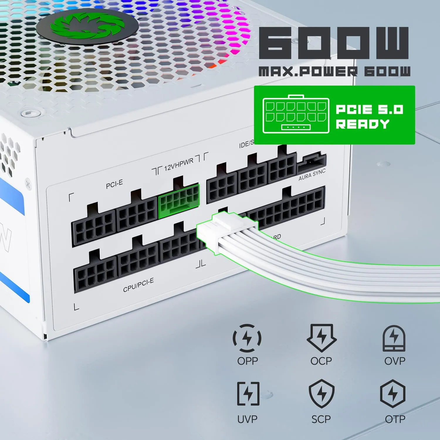 GAMEMAX 1050W ATX 3.0 & PCIE 5.0 Power Supply, 80  Gold Certified, Addressable RGB with 5V Motherboard Sync, Fully Modular ATX Gaming Power Supply, 10 Year Warranty, RGB-1050, White Version