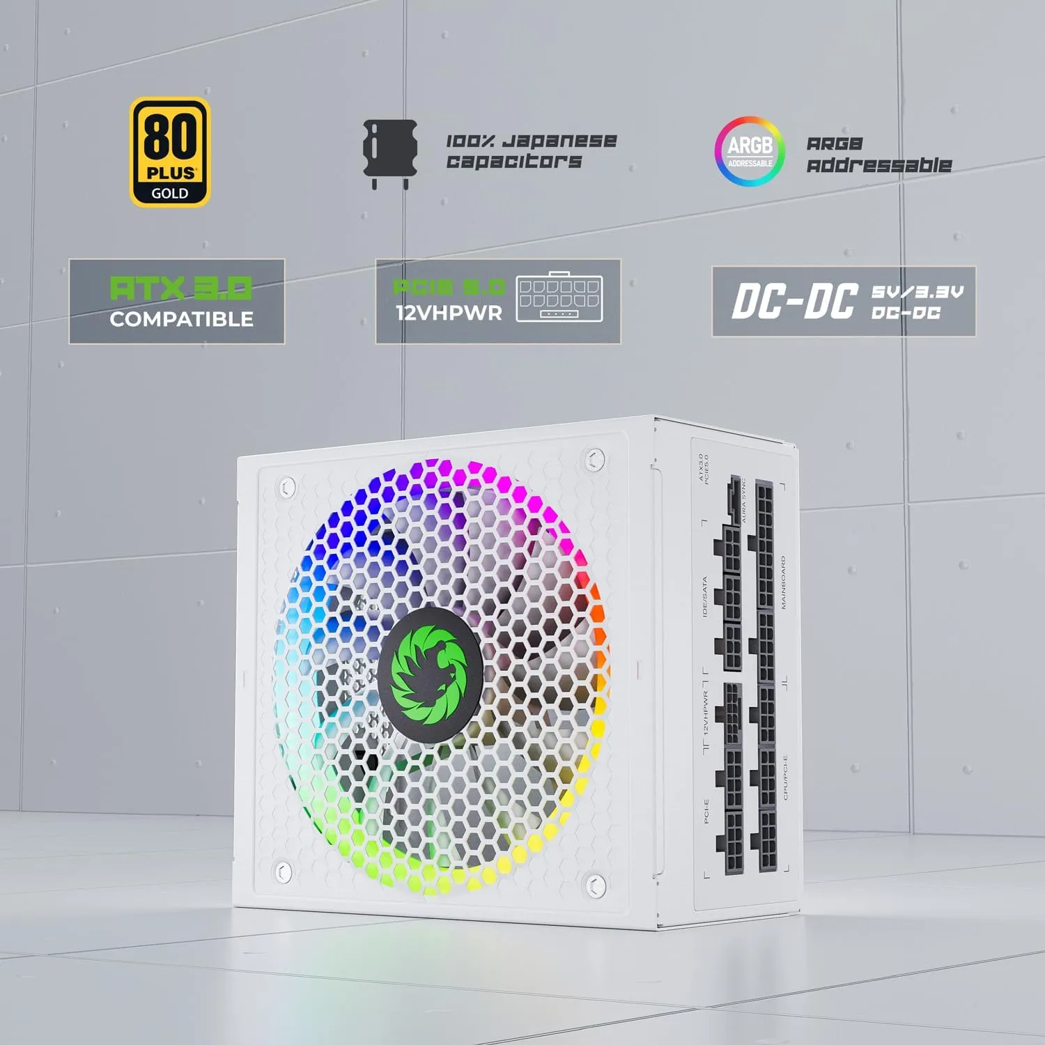 GAMEMAX 1050W ATX 3.0 & PCIE 5.0 Power Supply, 80  Gold Certified, Addressable RGB with 5V Motherboard Sync, Fully Modular ATX Gaming Power Supply, 10 Year Warranty, RGB-1050, White Version