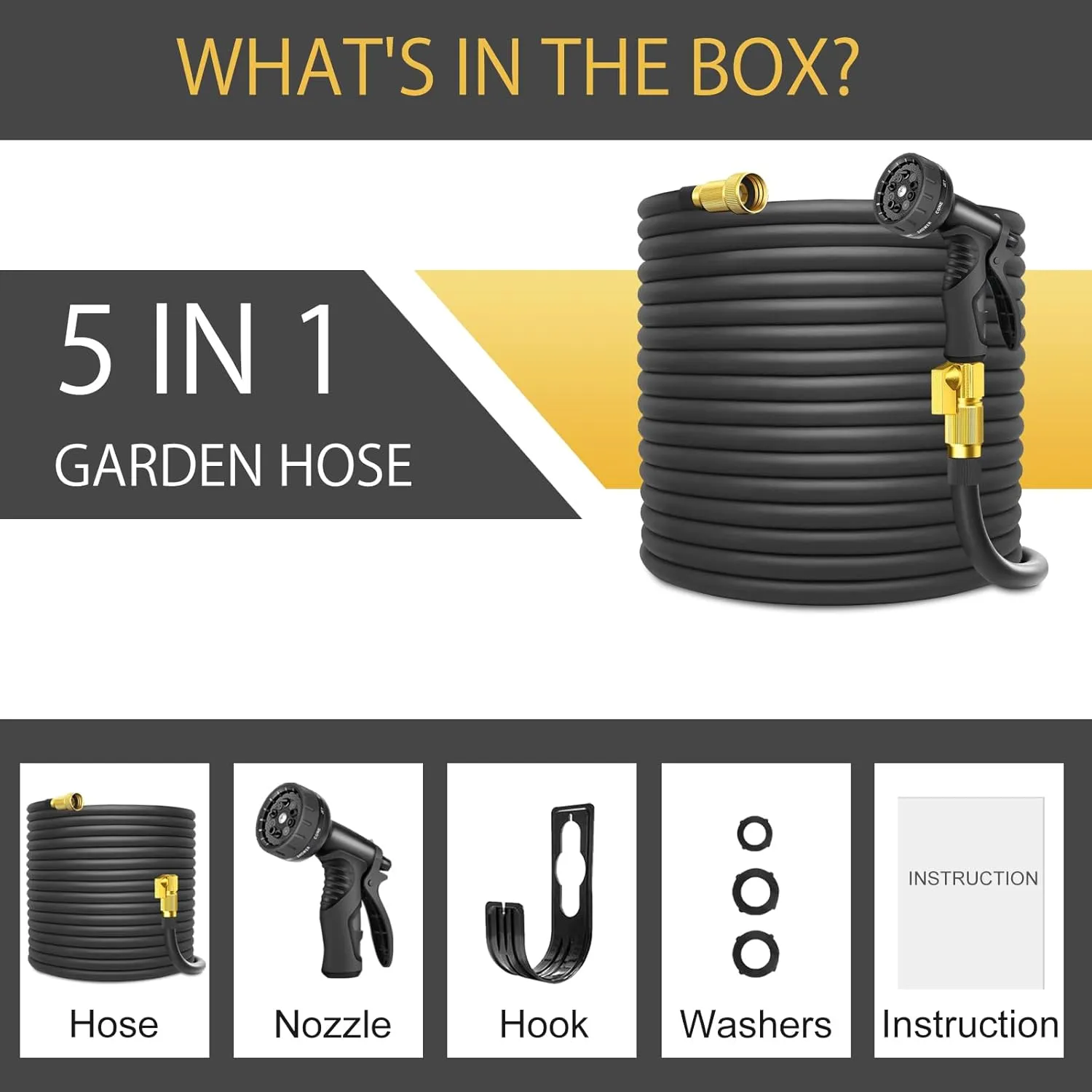 Garden Hose 100ft Lightweight No-Kink Water Hose Flexible Hose with 3/4'' Brass Fittings and 10 Functions Spray Nozzle, Leakproof, for Yard, Garden, Lawn & Car Wash, Black