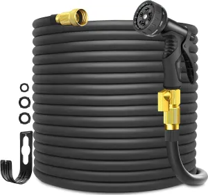 Garden Hose 100ft Lightweight No-Kink Water Hose Flexible Hose with 3/4'' Brass Fittings and 10 Functions Spray Nozzle, Leakproof, for Yard, Garden, Lawn & Car Wash, Black