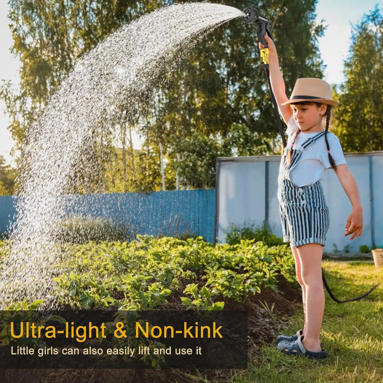 Garden Hose 100ft Lightweight No-Kink Water Hose Flexible Hose with 3/4'' Brass Fittings and 10 Functions Spray Nozzle, Leakproof, for Yard, Garden, Lawn & Car Wash, Black