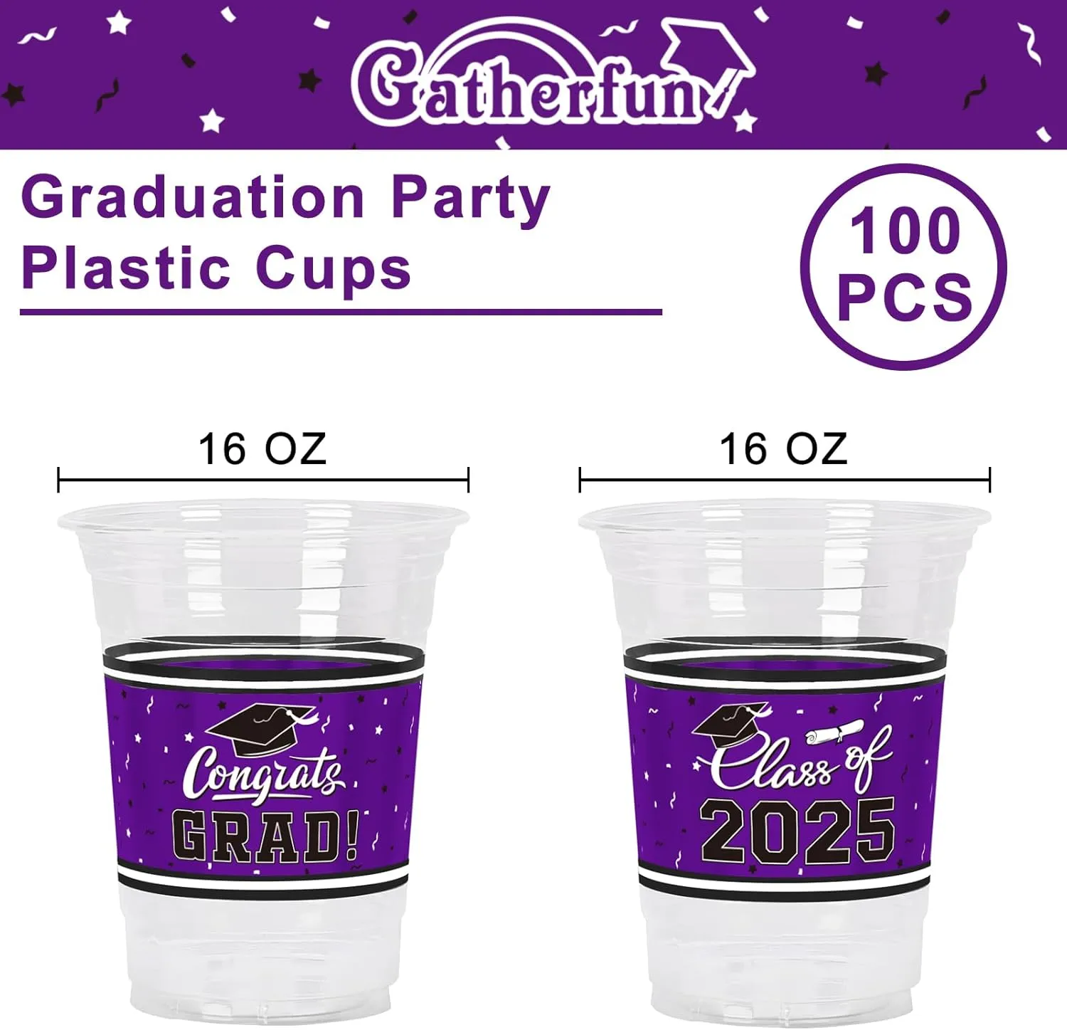 Gatherfun Class of 2025 Celebration - 100 Pcs 16oz Pruple Graduation Plastic Cups for Sturdy & Durable Drinkware for Grad Festivities | Essential Graduation Party Supplies & Decorations
