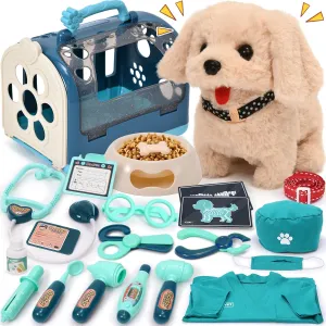 G.C 22Pcs Dog Toys for Kids Doctor Kit, Walking Barking Electronic Interactive Stuffed Dog Vet Kit Costume Pretend Play Puppy Pet Care Veterinarian Playset, Gifts for Kids Girls 3 4 5 6  Year Old