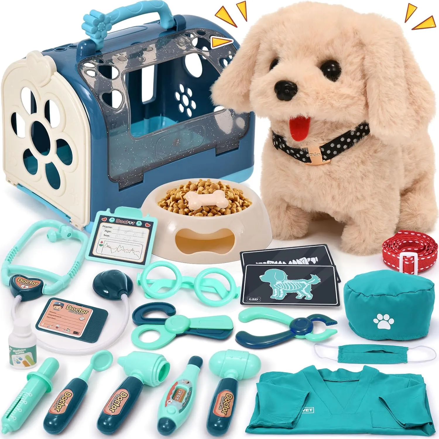 G.C 22Pcs Dog Toys for Kids Doctor Kit, Walking Barking Electronic Interactive Stuffed Dog Vet Kit Costume Pretend Play Puppy Pet Care Veterinarian Playset, Gifts for Kids Girls 3 4 5 6  Year Old