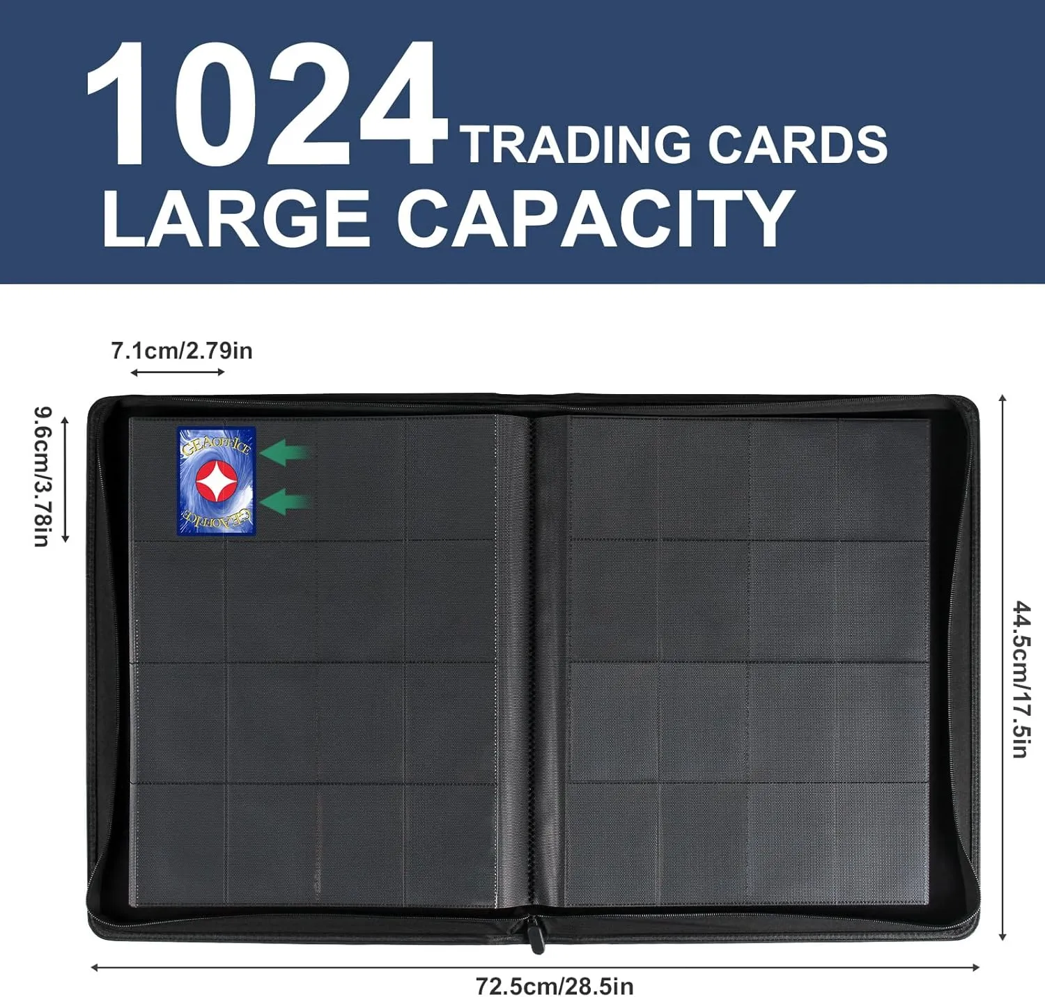 GEAoffice Premium 1000  Card Binder Large, 16 Side-loading Pockets Zip Binder, Ringless Trading Card Album Folder for Board, Sports, ATC or Collectible Game Card, Gift (Blue), TCB-ZP-BL-16