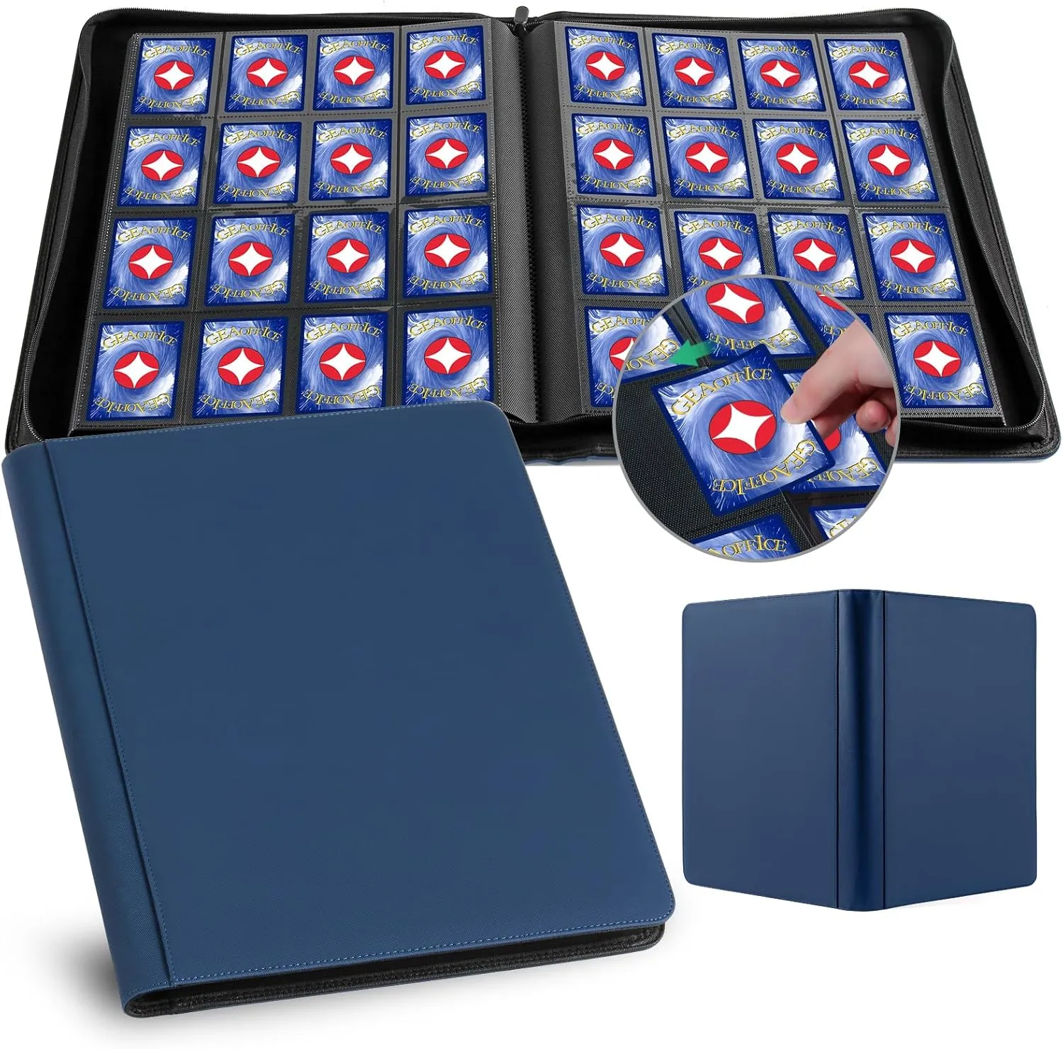 GEAoffice Premium 1000  Card Binder Large, 16 Side-loading Pockets Zip Binder, Ringless Trading Card Album Folder for Board, Sports, ATC or Collectible Game Card, Gift (Blue), TCB-ZP-BL-16