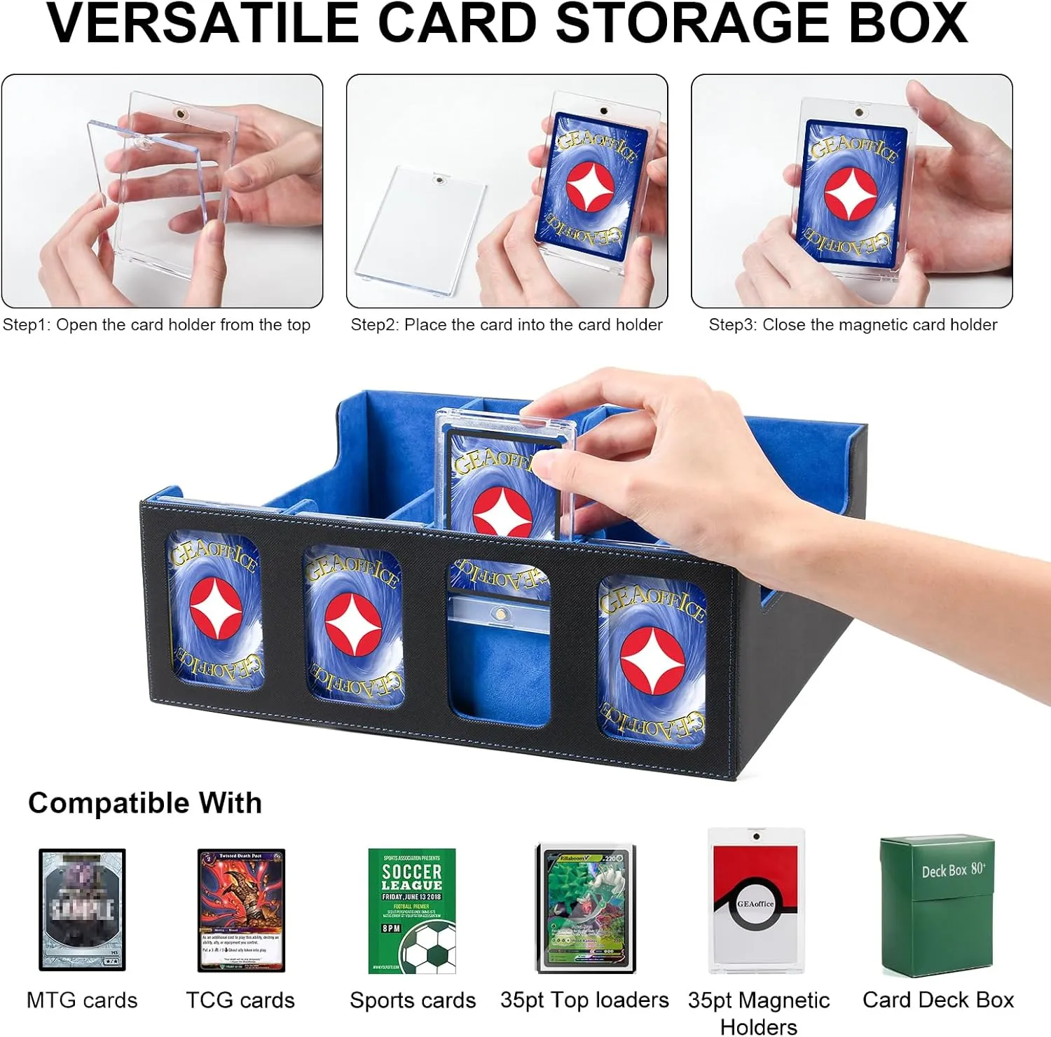 GEAoffice Trading Card Storage Box with Commander Display, 3200  Card Deck Case with Magnetic Removable Lid, 4-Row Deck Box for MTG/TCG/Sports/Games, 10 Stoppers, 24 Dividers, 1 Dice Tray, Black Blue