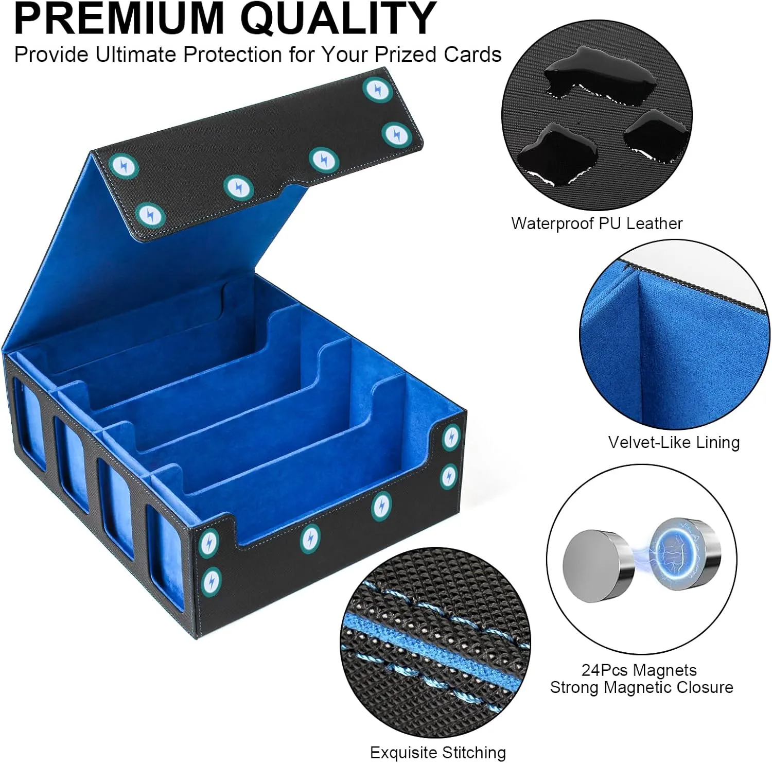 GEAoffice Trading Card Storage Box with Commander Display, 3200  Card Deck Case with Magnetic Removable Lid, 4-Row Deck Box for MTG/TCG/Sports/Games, 10 Stoppers, 24 Dividers, 1 Dice Tray, Black Blue