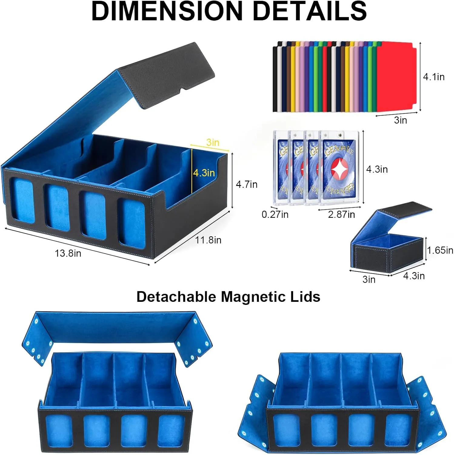 GEAoffice Trading Card Storage Box with Commander Display, 3200  Card Deck Case with Magnetic Removable Lid, 4-Row Deck Box for MTG/TCG/Sports/Games, 10 Stoppers, 24 Dividers, 1 Dice Tray, Black Blue