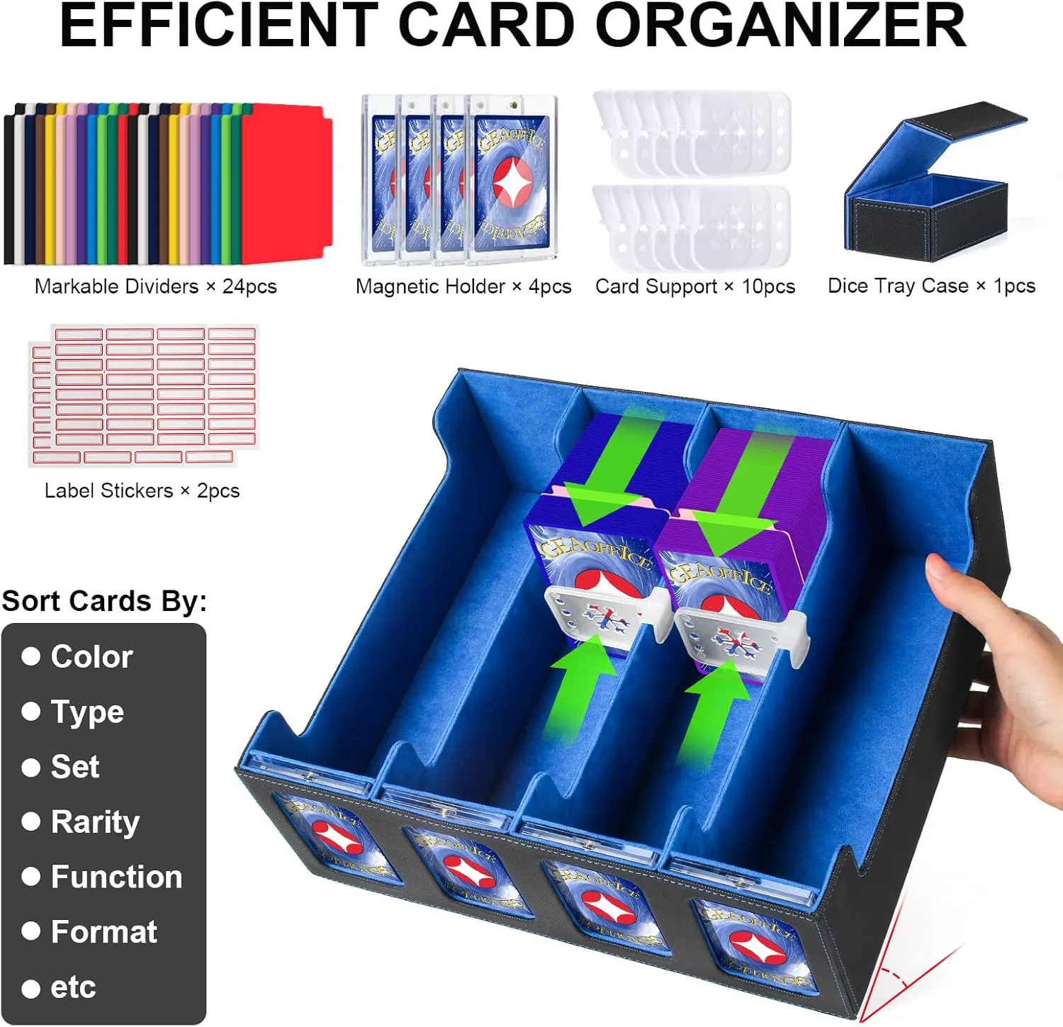 GEAoffice Trading Card Storage Box with Commander Display, 3200  Card Deck Case with Magnetic Removable Lid, 4-Row Deck Box for MTG/TCG/Sports/Games, 10 Stoppers, 24 Dividers, 1 Dice Tray, Black Blue