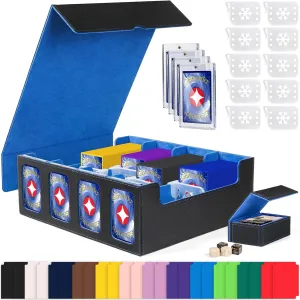 GEAoffice Trading Card Storage Box with Commander Display, 3200  Card Deck Case with Magnetic Removable Lid, 4-Row Deck Box for MTG/TCG/Sports/Games, 10 Stoppers, 24 Dividers, 1 Dice Tray, Black Blue