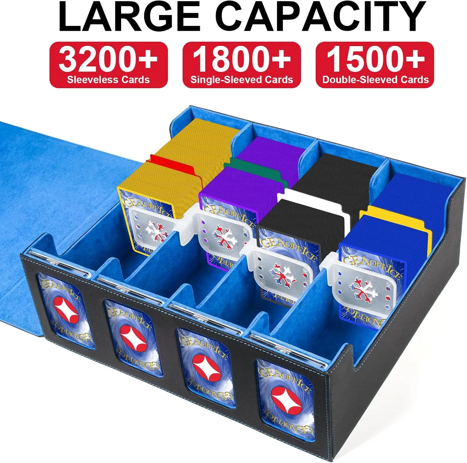 GEAoffice Trading Card Storage Box with Commander Display, 3200  Card Deck Case with Magnetic Removable Lid, 4-Row Deck Box for MTG/TCG/Sports/Games, 10 Stoppers, 24 Dividers, 1 Dice Tray, Black Blue