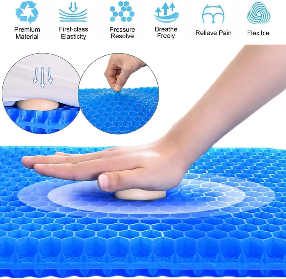 Gel Seat Cushion, Egg Seat Cushion Wheelchair Cushion with Non-Slip Cover, Breathable Chair Pads Honeycomb Design Absorbs Pressure Points for Car Office Chair Wheelchair (Blue)