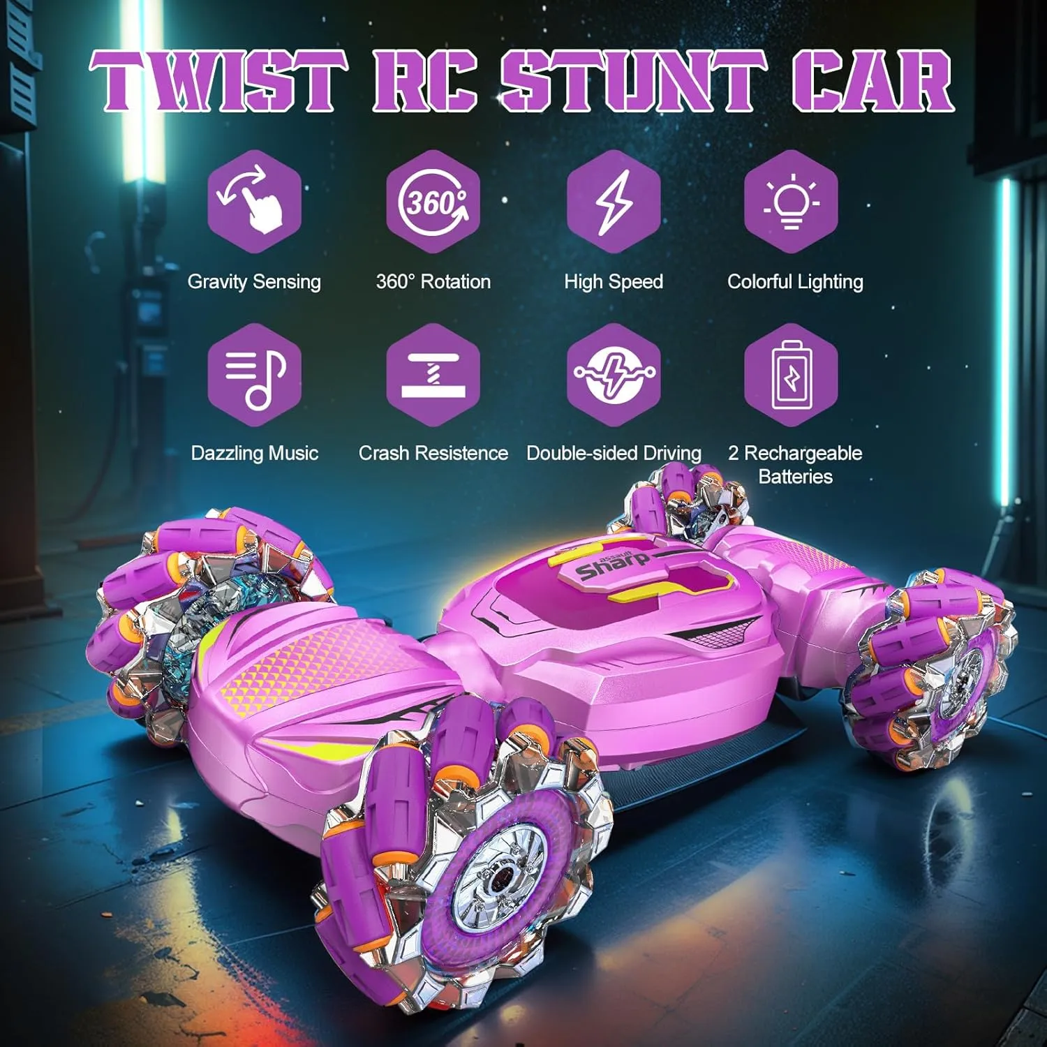 Gesture Sensing RC Stunt Car, Boys Girls Ages 6-12 Birthday Gift Ideas, 4WD Transform Off Road for Rotating Hand-Controlled 2.4Ghz Remote Control Twist Cars with Lights and Music Purple