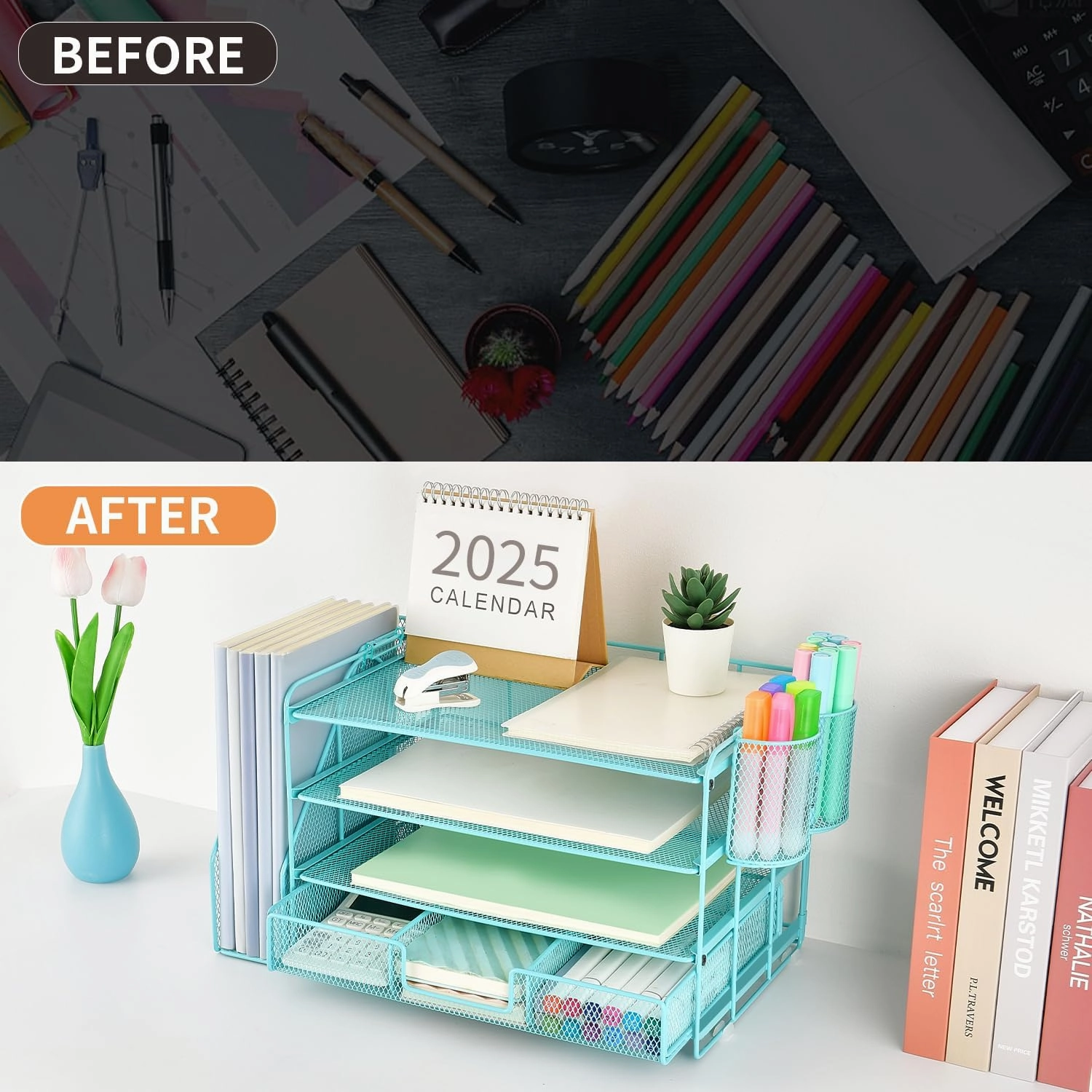 gianotter Paper Letter Tray Organizer with File Holder, 4-Tier Desk Accessories & Workspace Organizers with Drawer and 2 Pen Holder, Desk Organizers and Accessories for Office Supplies (Blue)