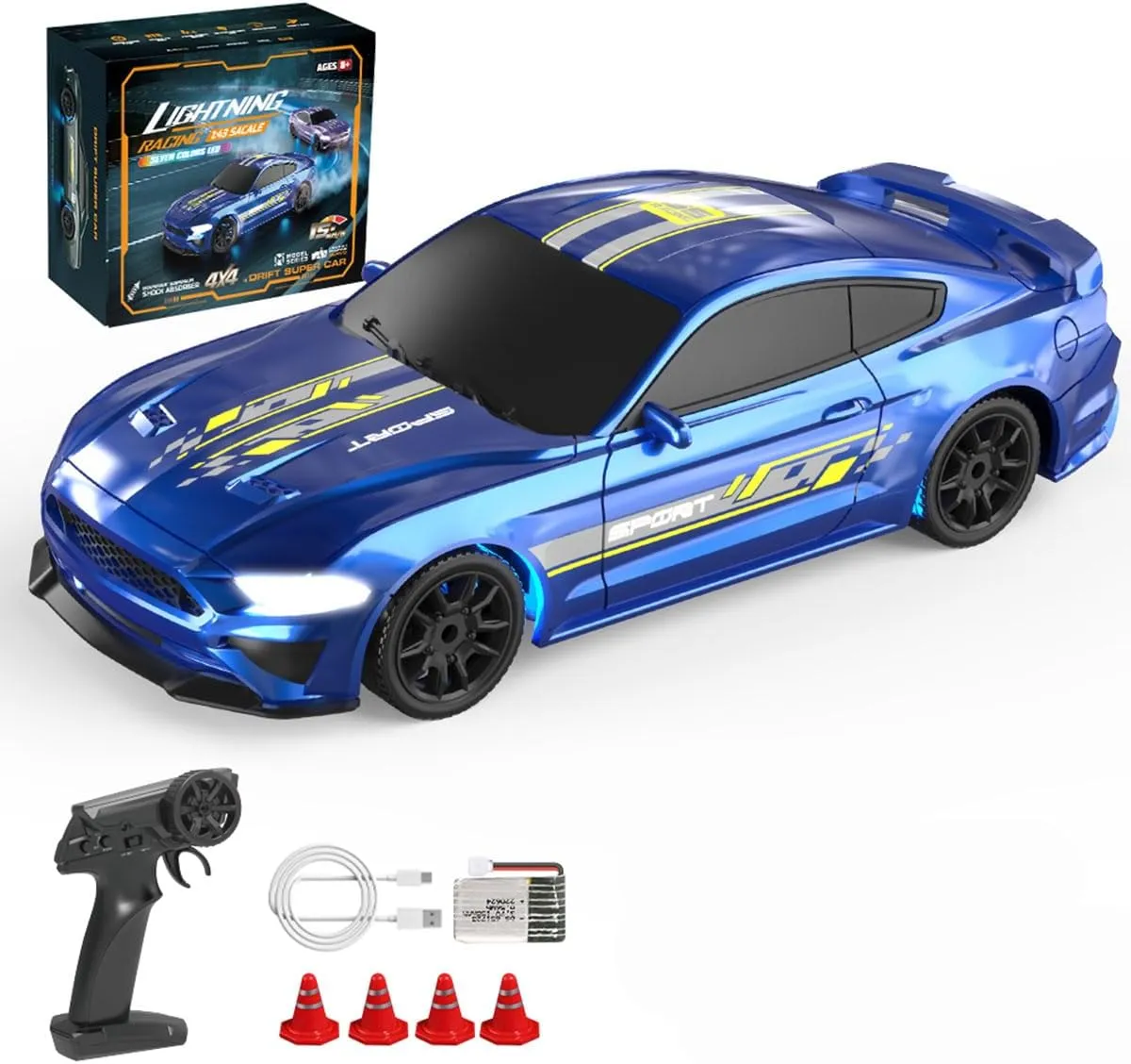 Gift for Men, Remote Control Drift Car, 1/43 Scale 4WD Blue RC Drift Car, 2.4 GHz Full-Proportional Electric Mini Racing Model with LED Lights