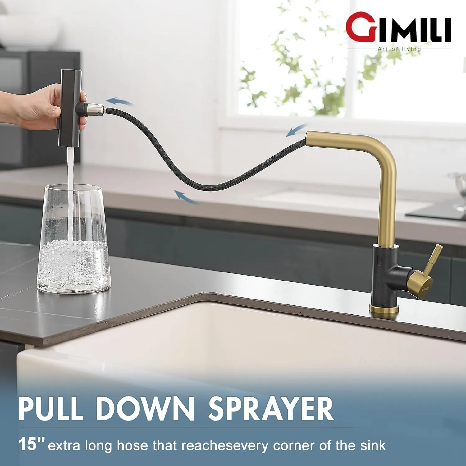 GIMILI Black and Gold Touchless Waterfall Kitchen Faucet with Pull Down Sprayer Single Hole Handle Kitchen Sink Faucets Commercial Modern Faucets for Pull Down Sprayer Sinks