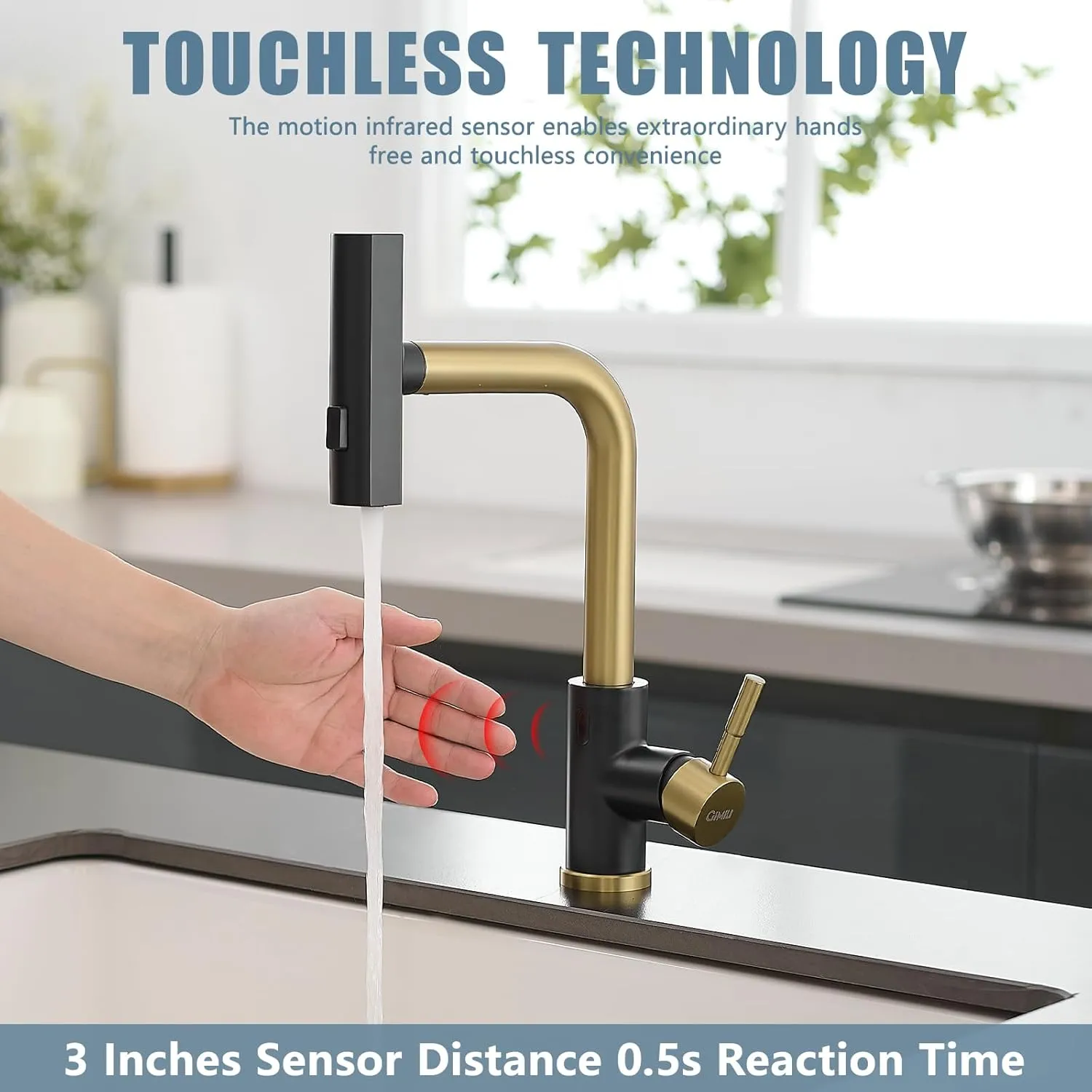 GIMILI Black and Gold Touchless Waterfall Kitchen Faucet with Pull Down Sprayer Single Hole Handle Kitchen Sink Faucets Commercial Modern Faucets for Pull Down Sprayer Sinks