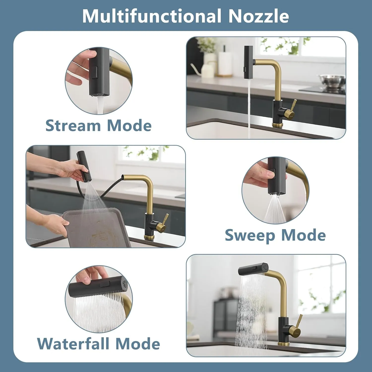 GIMILI Black and Gold Touchless Waterfall Kitchen Faucet with Pull Down Sprayer Single Hole Handle Kitchen Sink Faucets Commercial Modern Faucets for Pull Down Sprayer Sinks