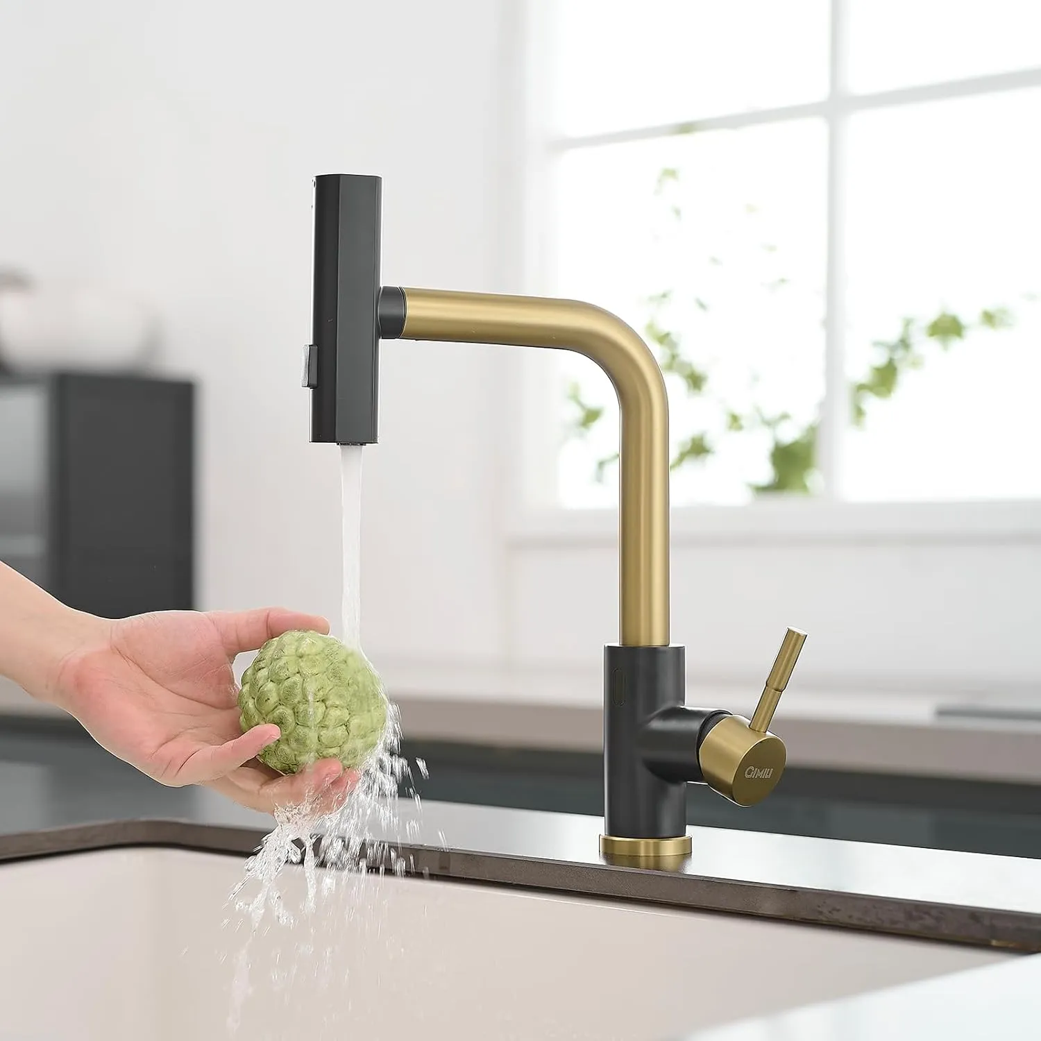 GIMILI Black and Gold Touchless Waterfall Kitchen Faucet with Pull Down Sprayer Single Hole Handle Kitchen Sink Faucets Commercial Modern Faucets for Pull Down Sprayer Sinks