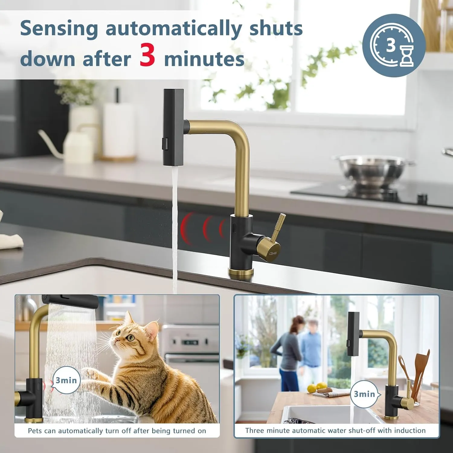 GIMILI Black and Gold Touchless Waterfall Kitchen Faucet with Pull Down Sprayer Single Hole Handle Kitchen Sink Faucets Commercial Modern Faucets for Pull Down Sprayer Sinks