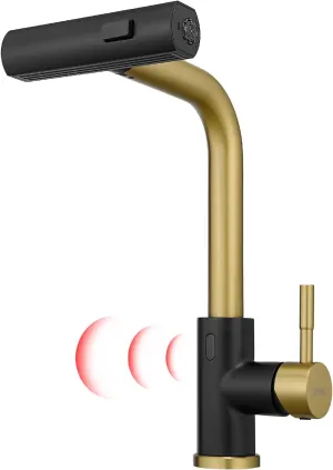 GIMILI Black and Gold Touchless Waterfall Kitchen Faucet with Pull Down Sprayer Single Hole Handle Kitchen Sink Faucets Commercial Modern Faucets for Pull Down Sprayer Sinks