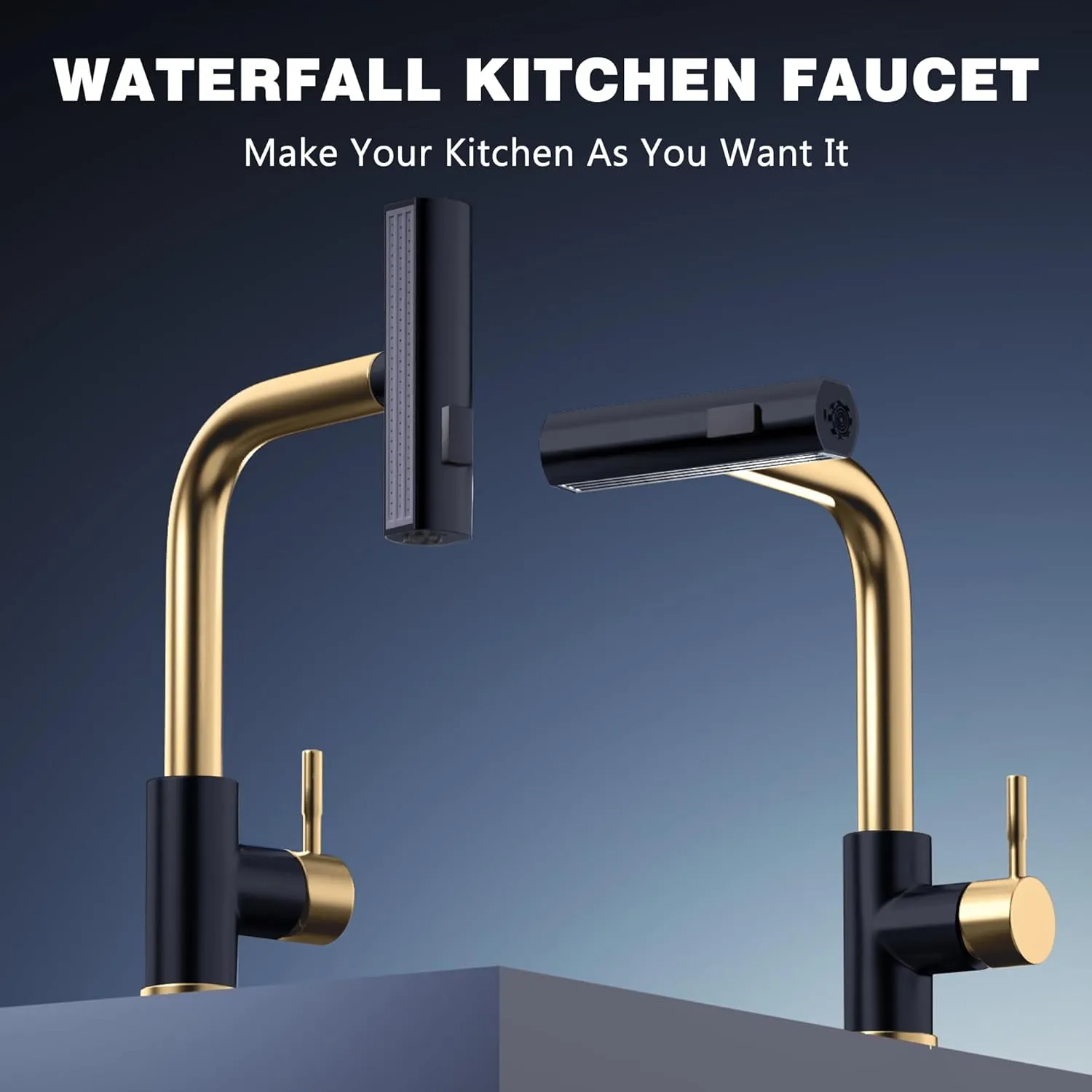 GIMILI Black and Gold Waterfall Kitchen Faucet with Pull Down Sprayer Single Hole Handle Sink Faucets Commercial Modern Faucets for Pull Down Sprayer Kitchen Sinks