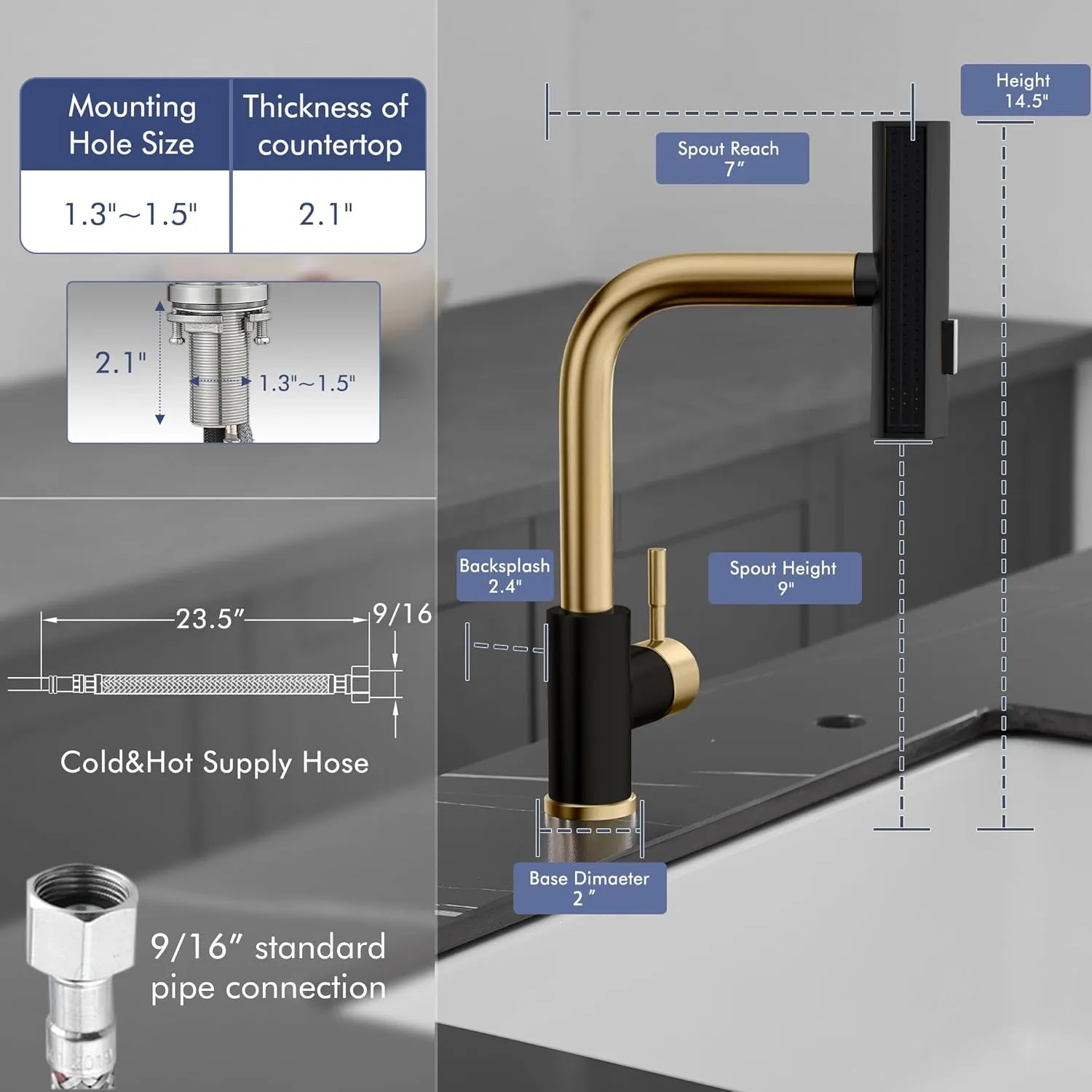 GIMILI Black and Gold Waterfall Kitchen Faucet with Pull Down Sprayer Single Hole Handle Sink Faucets Commercial Modern Faucets for Pull Down Sprayer Kitchen Sinks