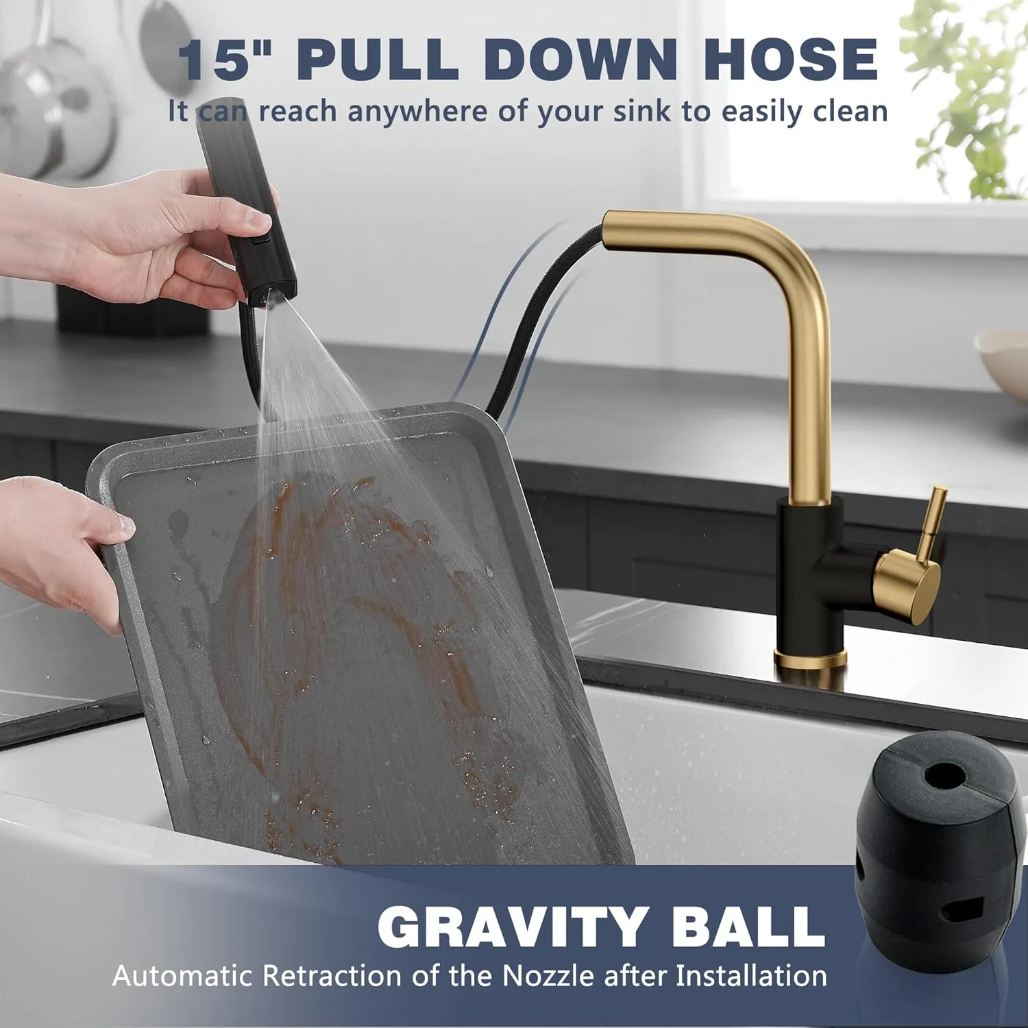 GIMILI Black and Gold Waterfall Kitchen Faucet with Pull Down Sprayer Single Hole Handle Sink Faucets Commercial Modern Faucets for Pull Down Sprayer Kitchen Sinks