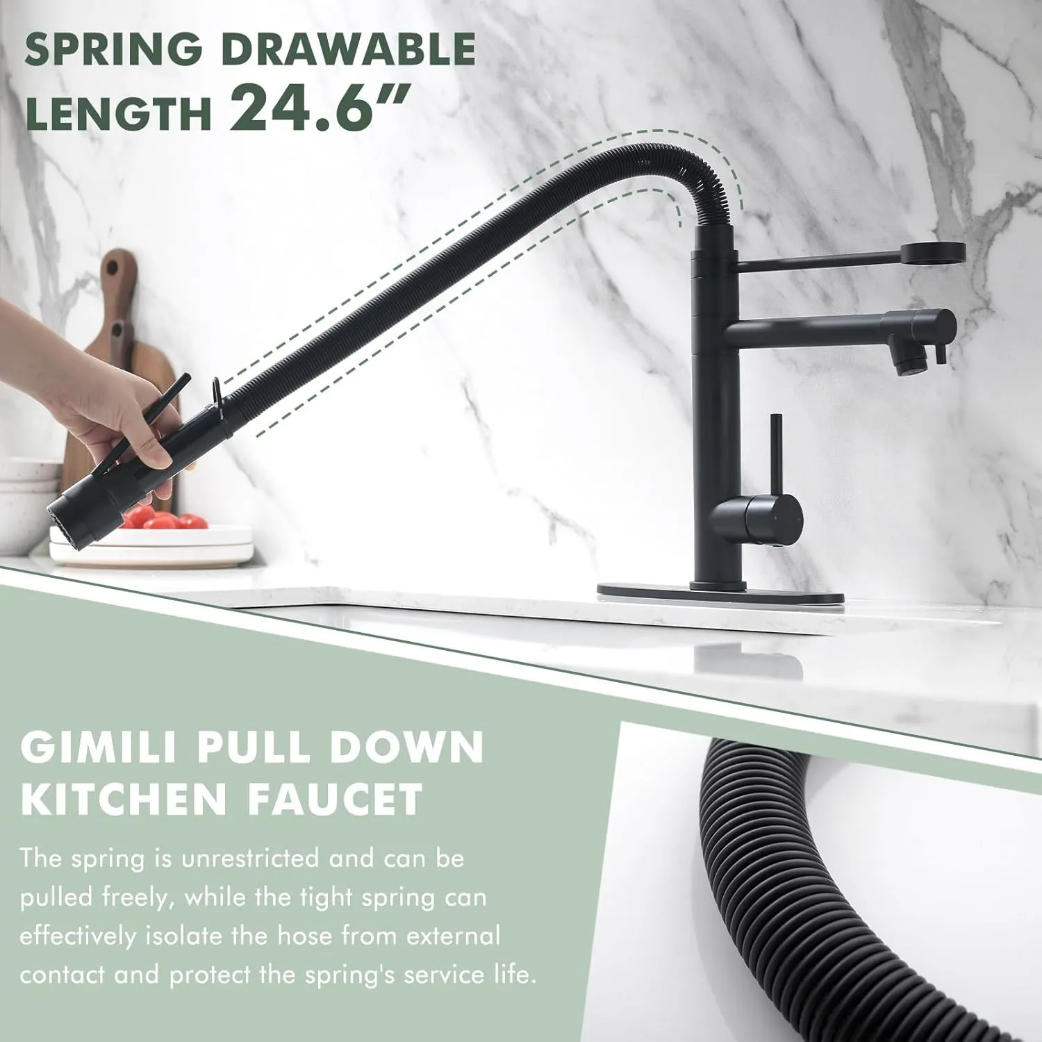 GIMILI Commercial Dual-Spout Black Kitchen Sink Faucet with Pull Down Sprayer