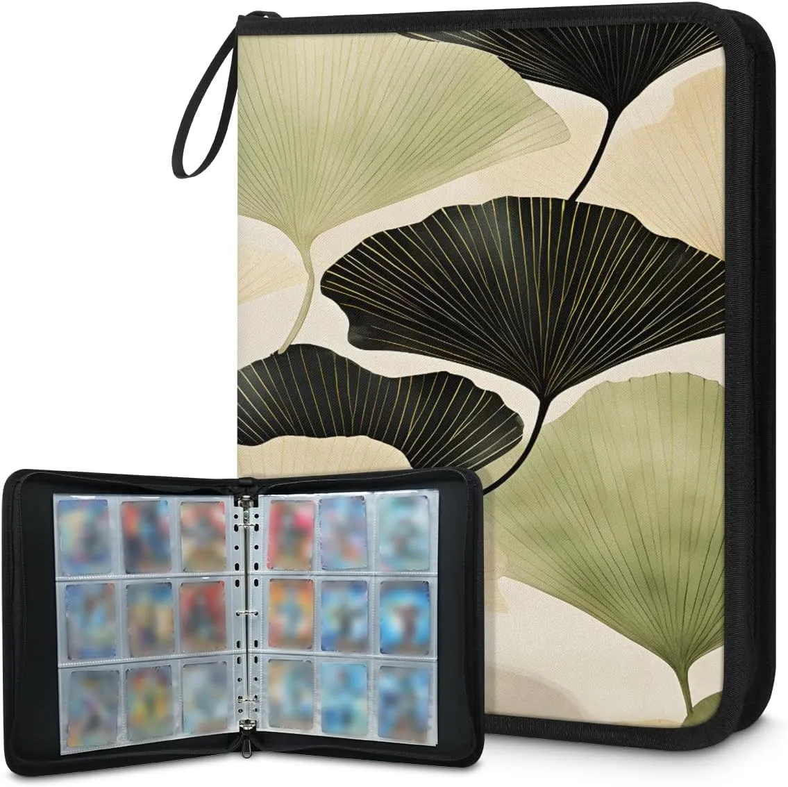 Ginkgo Biloba Leaf 3 Ring Trading Zipper Binder Strap, Trading Card Binder 9 Pocket, 900 Pockets Card Holder with 50 Removable Sleeves for Game Cards