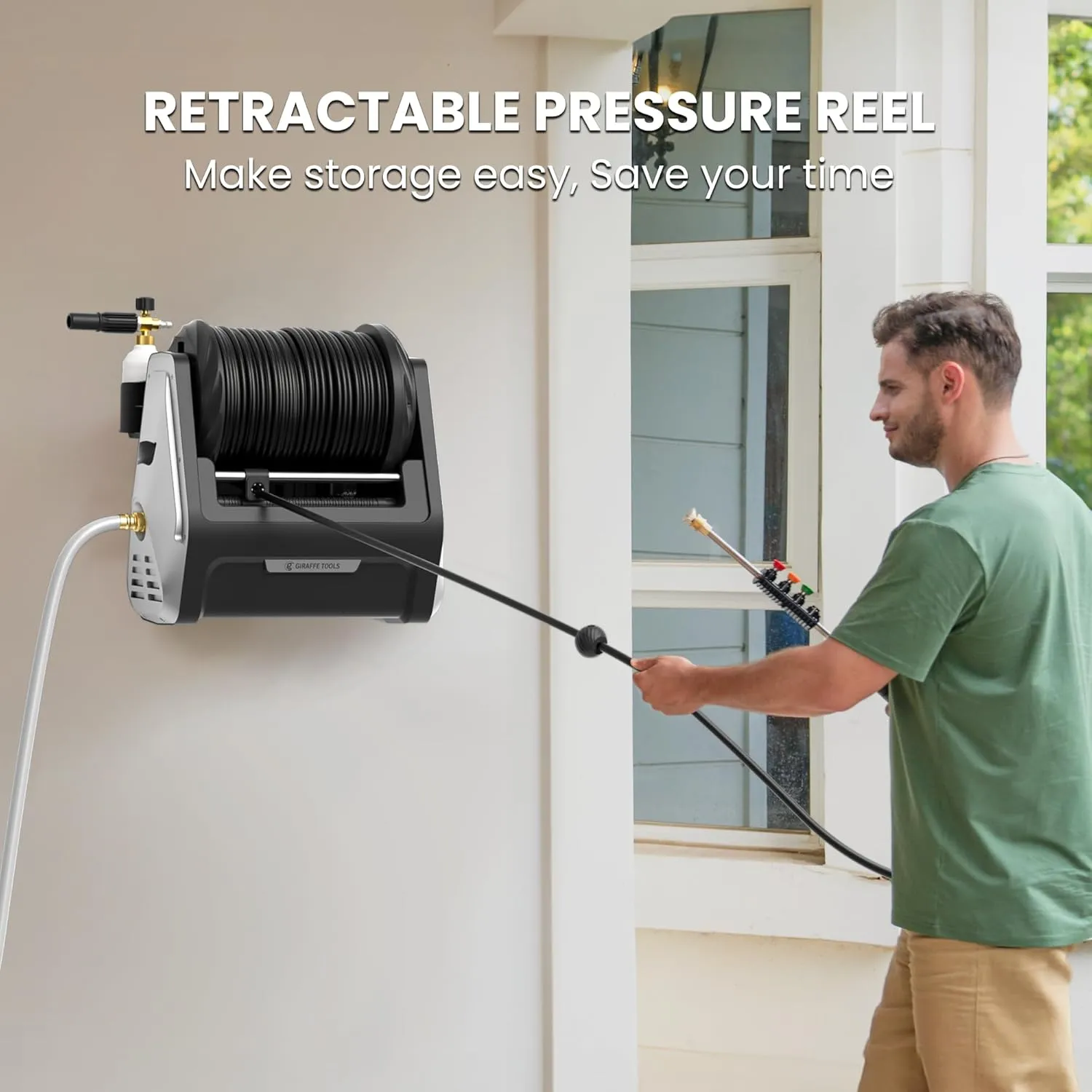 Giraffe Tools Grandfalls Pressure Washer, Max 2900 PSI, 2.2 GPM Electric Wall Mounted Power Washer with 100ft Retractable Pressure Hose, Foam Cannon, 4-Nozzles for Car/Driveways/Patios, Light Silver