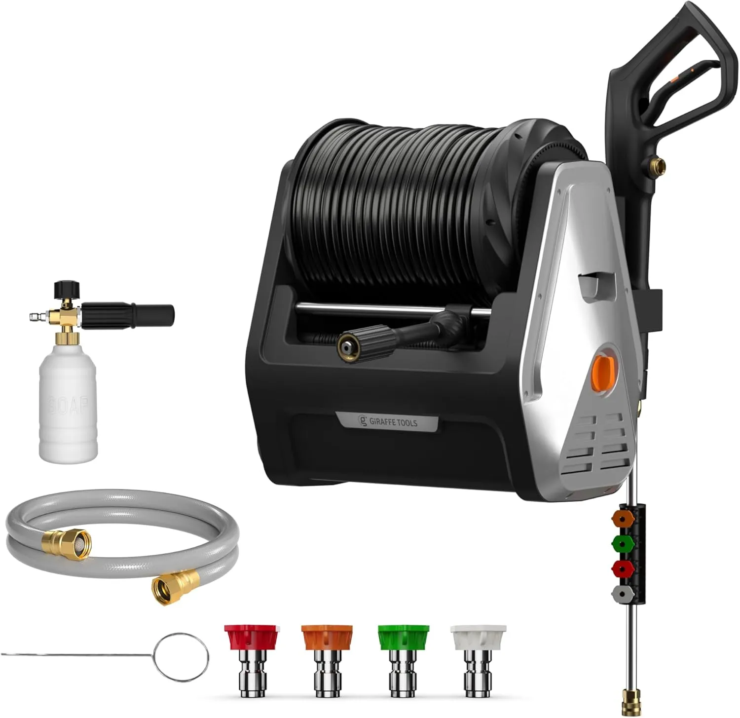 Giraffe Tools Grandfalls Pressure Washer, Max 2900 PSI, 2.2 GPM Electric Wall Mounted Power Washer with 100ft Retractable Pressure Hose, Foam Cannon, 4-Nozzles for Car/Driveways/Patios, Light Silver
