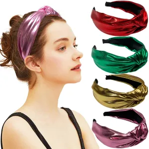 Glitter Knotted Headbands 4 Pack Vintage Shiny Metallic Wide Hair Bands Hoops for Women Girls (Gold   Green   Pink   Red)
