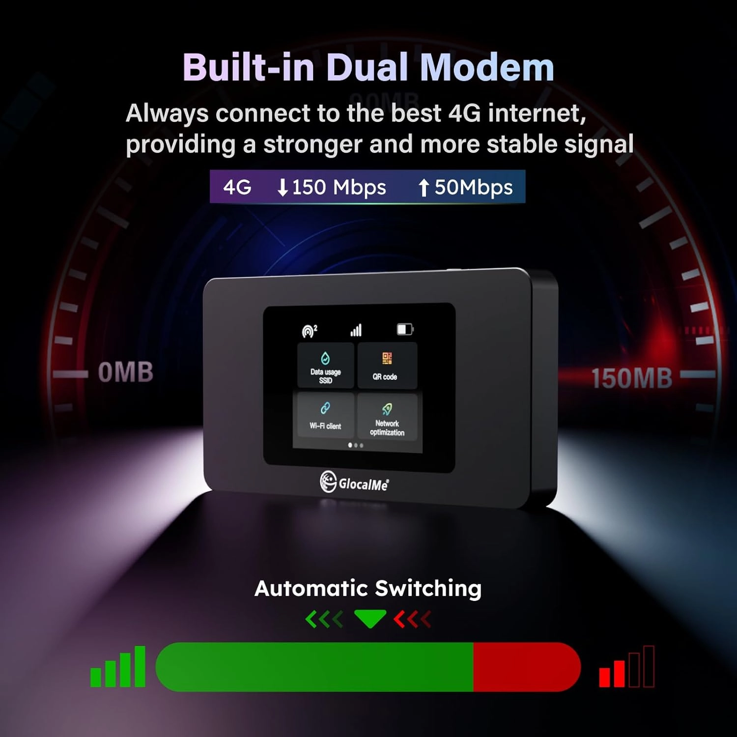 GlocalMe DuoTurbo 4G LTE Portable WiFi Hotspot for Travel in 200  Countries, Mobile Hotspot Device with Global 1.1GB Data 30Days, SIMFREE and Dual Modem, 10 Devices Connected(Black)